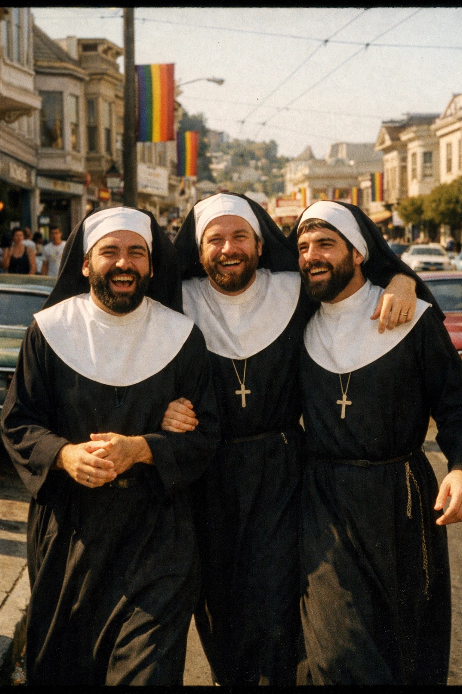 Three gay men in nun habits walking in San Francisco, founders of the Sisters of Perpetual Indulgence.