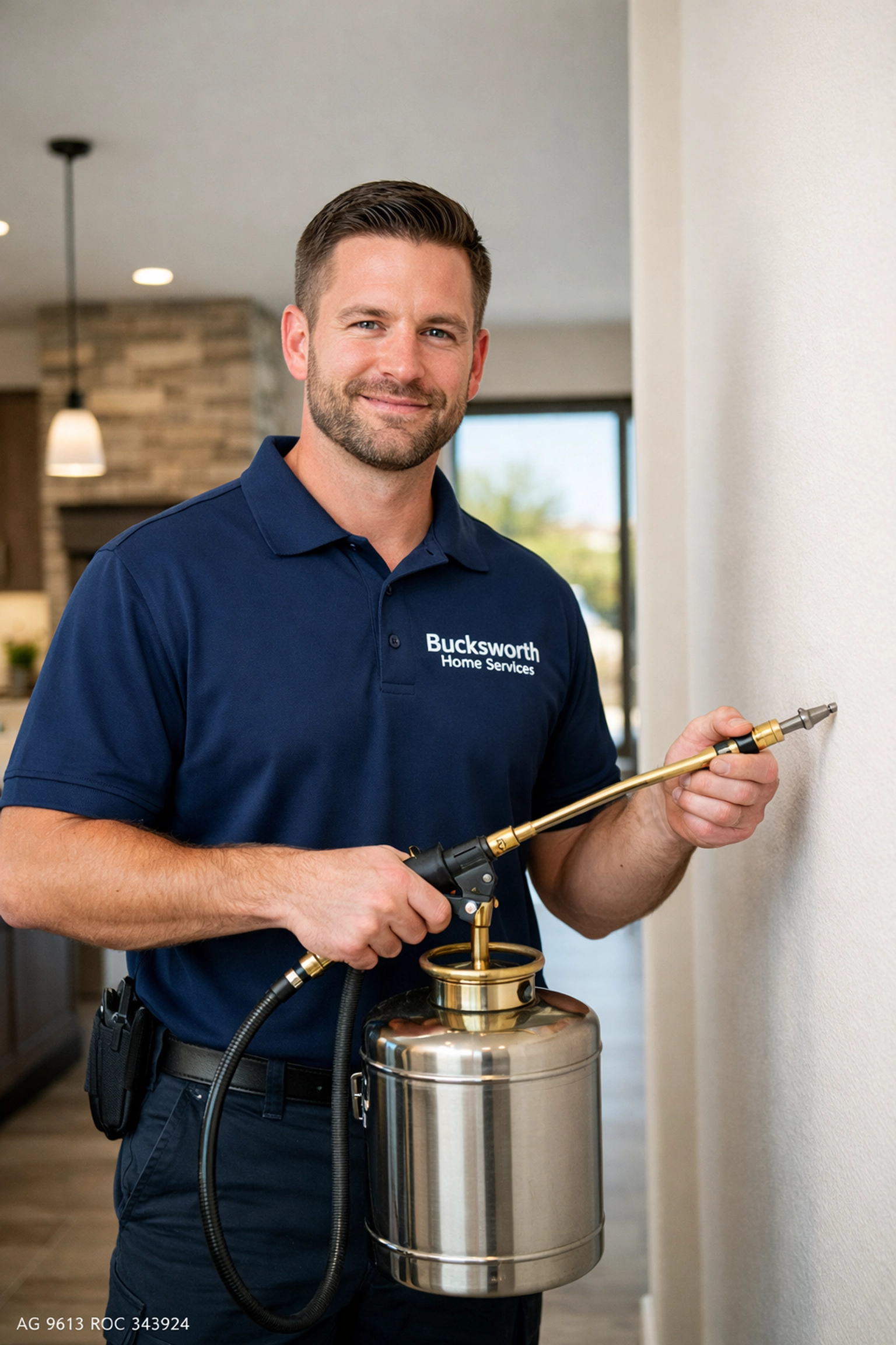 Bucksworth technician performing professional wall injection pest control in a modern Peoria home.
