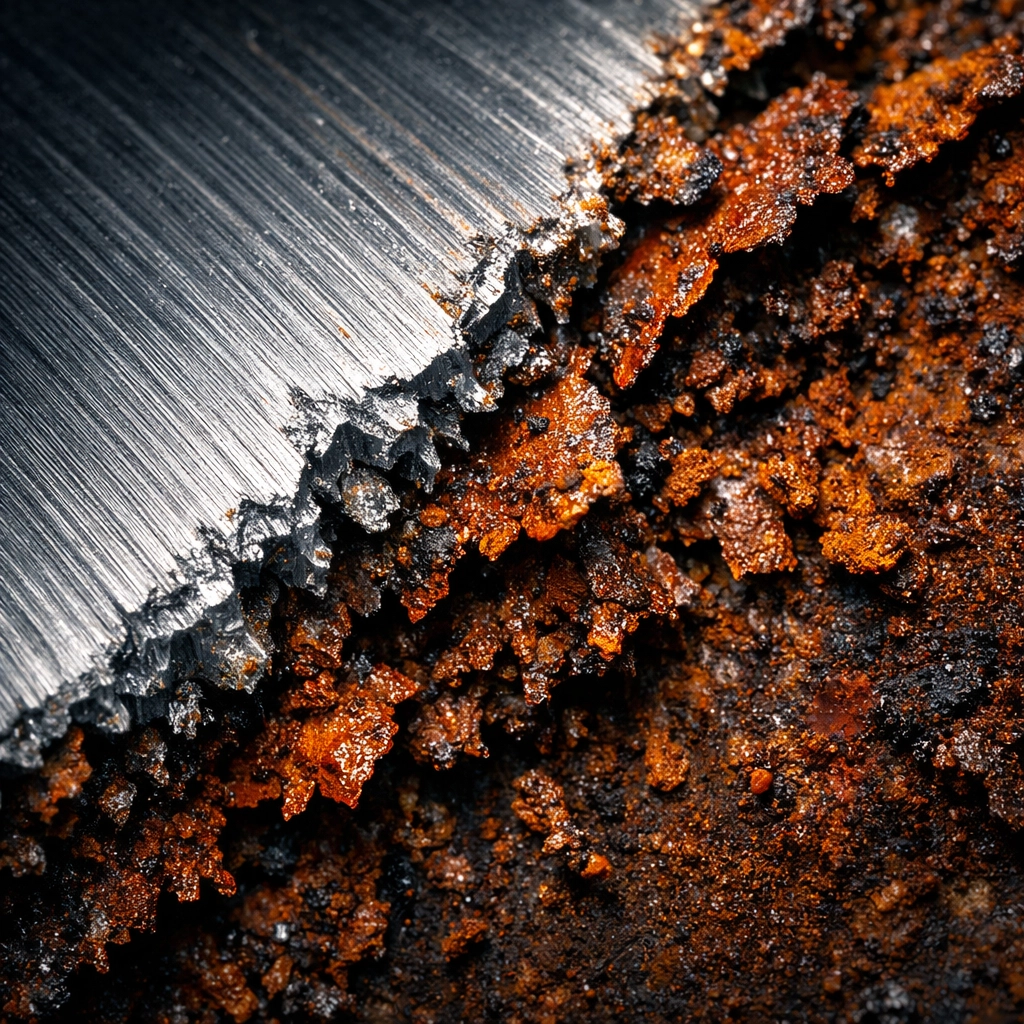 Detailed view of active flaking rust on steel, showing why car undercoating near me requires surface preparation.