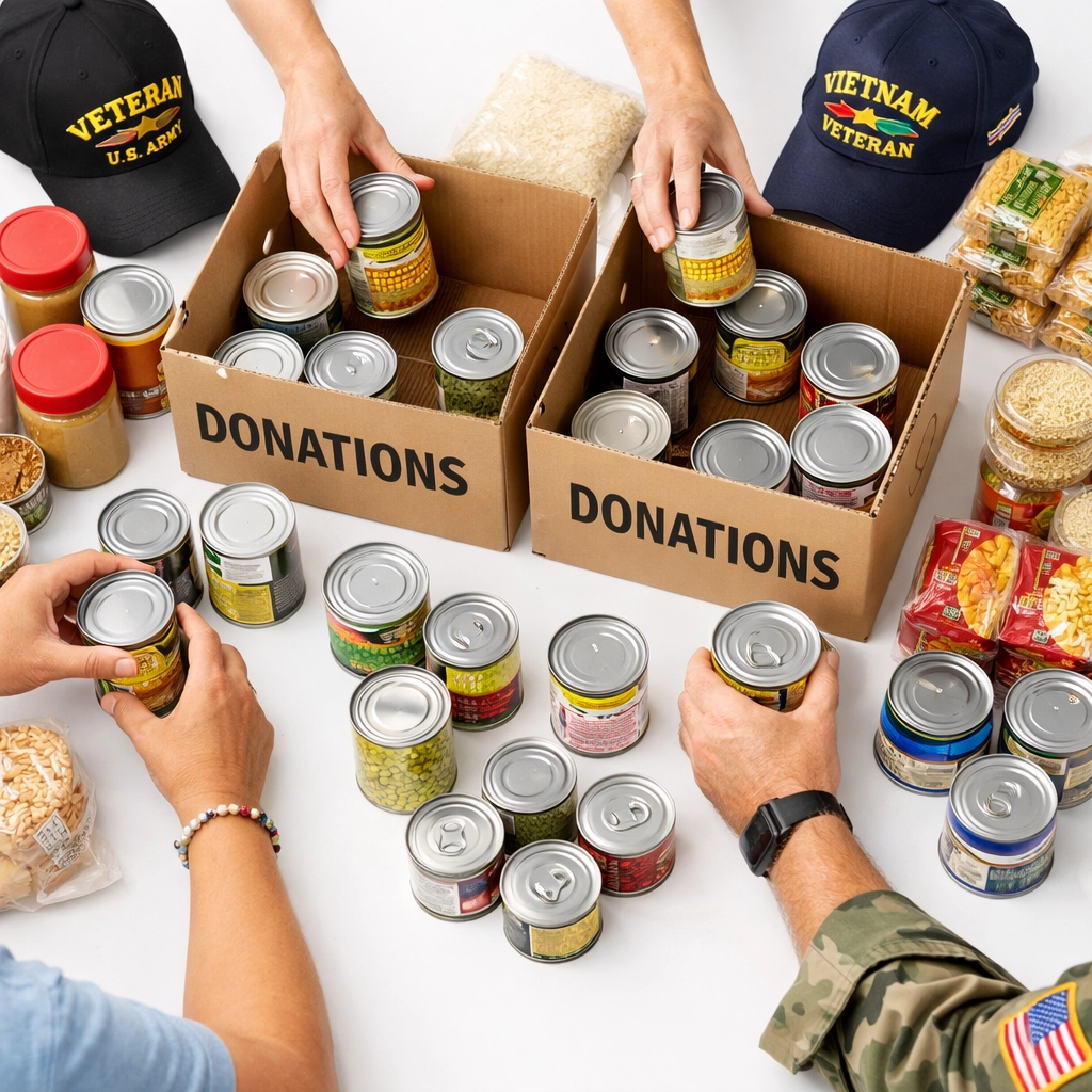 Veterans volunteering together sorting food donations for community service project