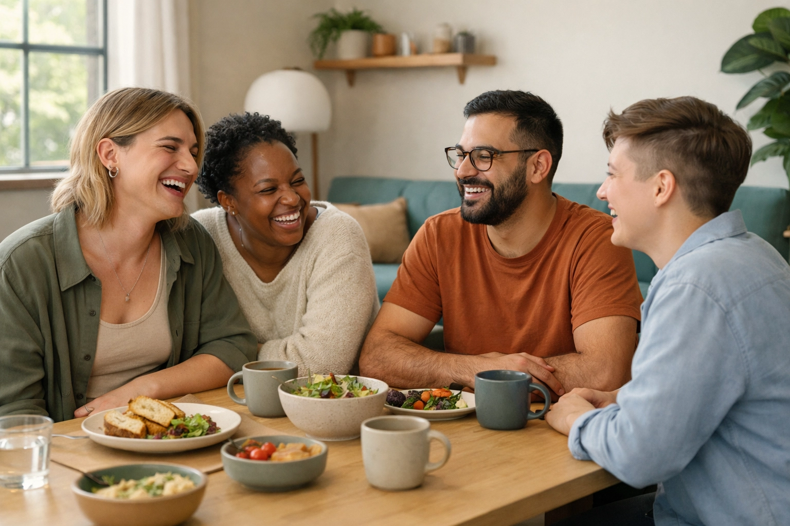 A warm, cozy group of diverse LGBTQ+ adults laughing and sharing a meal together in an inclusive indoor community space