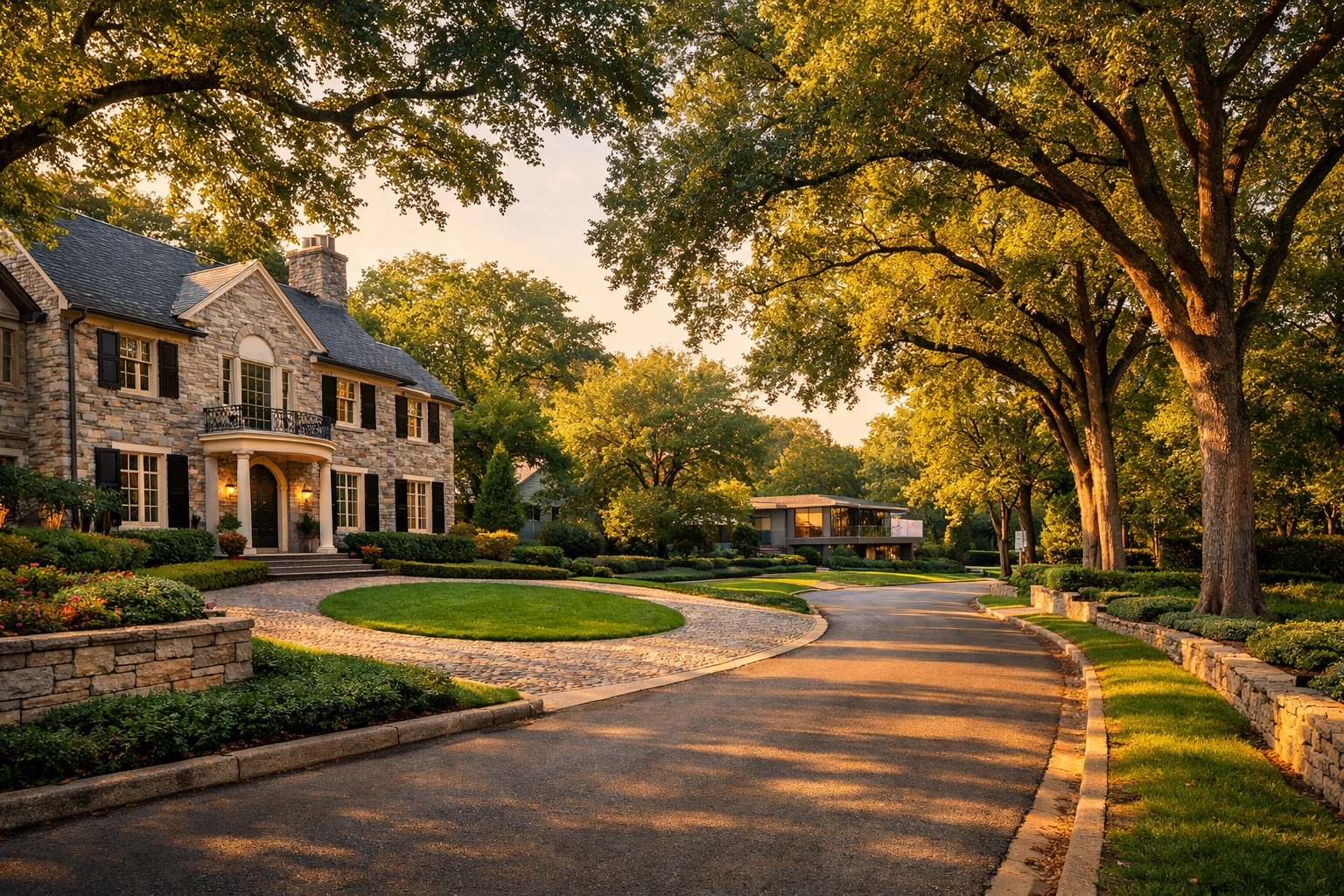 Luxury homes on a tree-lined residential street in a prestigious Highland Park neighborhood.