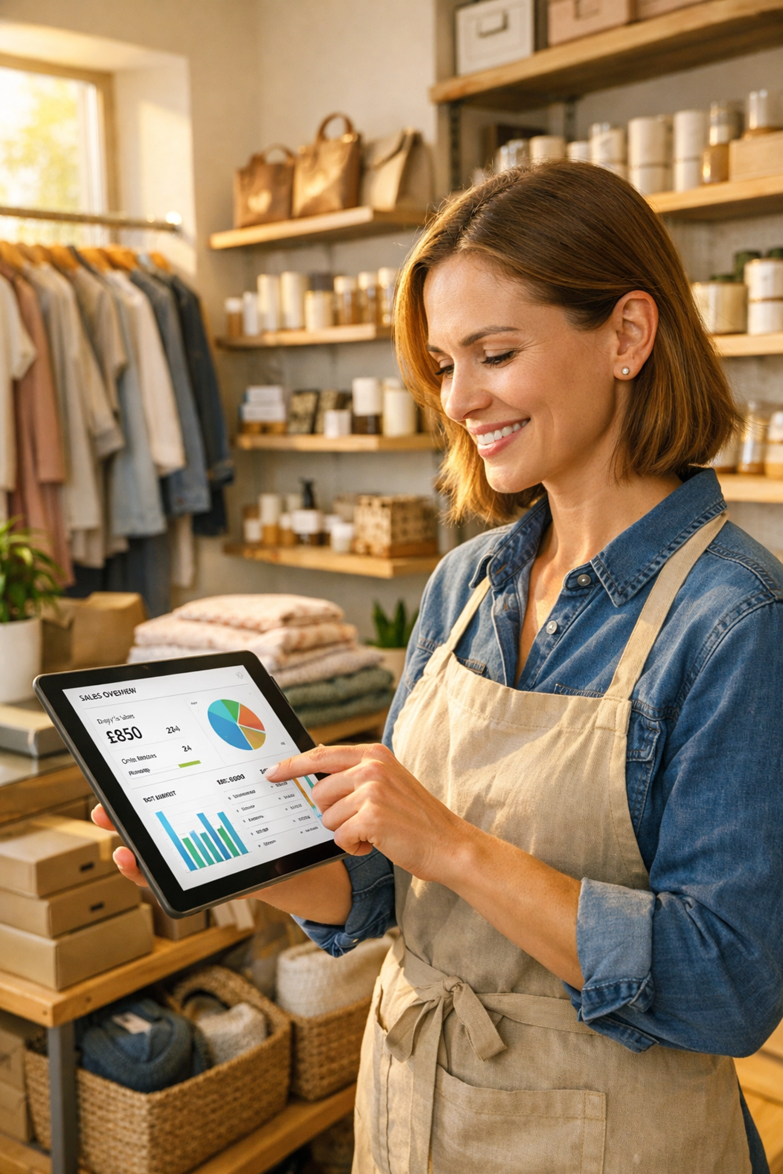 Shop owner reviewing inventory and sales data on tablet in UK retail store