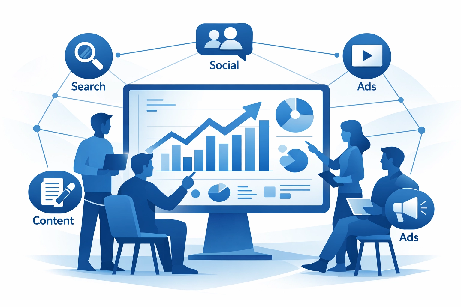 Professional digital marketing team collaborating with analytics dashboard