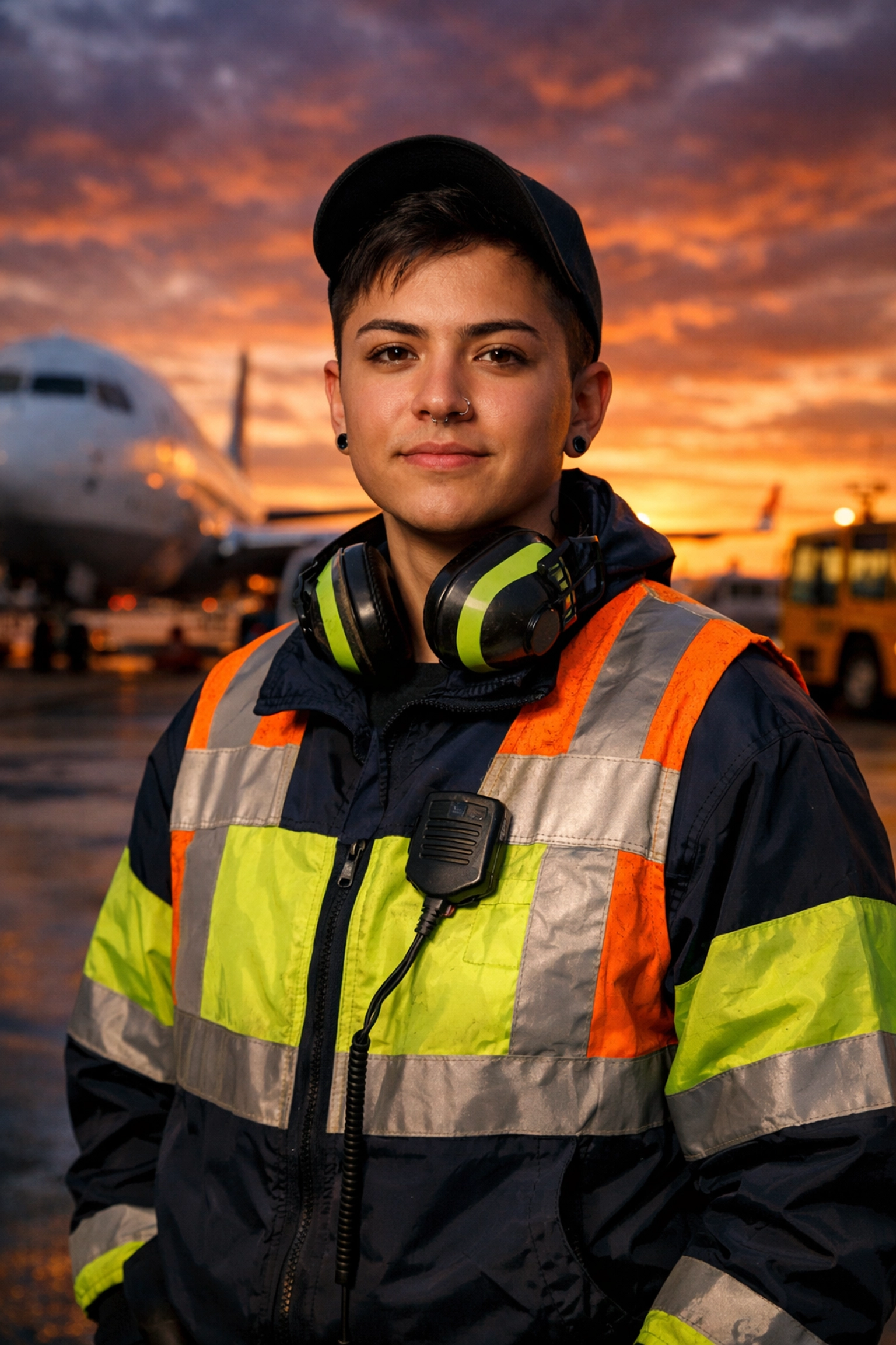 Trans man in airline ground crew uniform stands proudly on airport tarmac at sunset