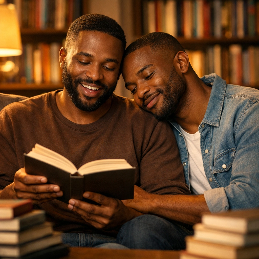 Black gay couple reading queer fiction and MM romance books together at home
