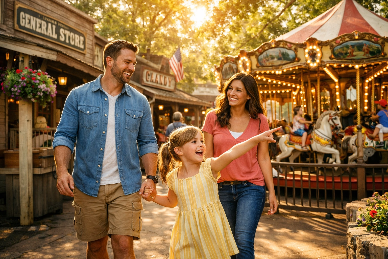 Family exploring the charming vintage-style theme park at Silver Dollar City in Branson, Missouri.