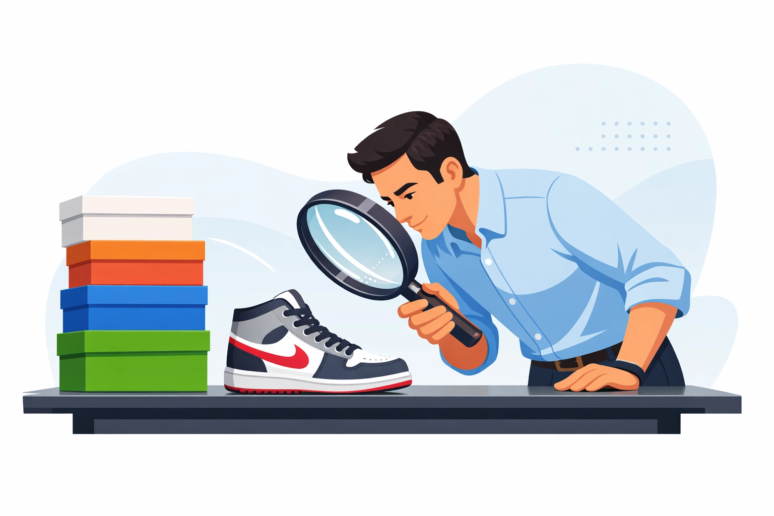 Professional examining sneaker stitching with a magnifying glass to verify authenticity.