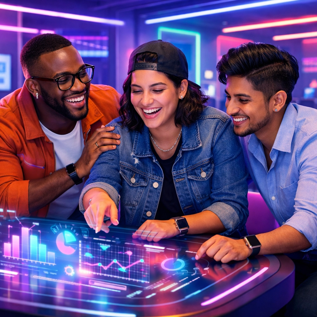 Diverse LGBTQ+ professionals collaborating in a tech hub, highlighting queer professional networking and innovation.