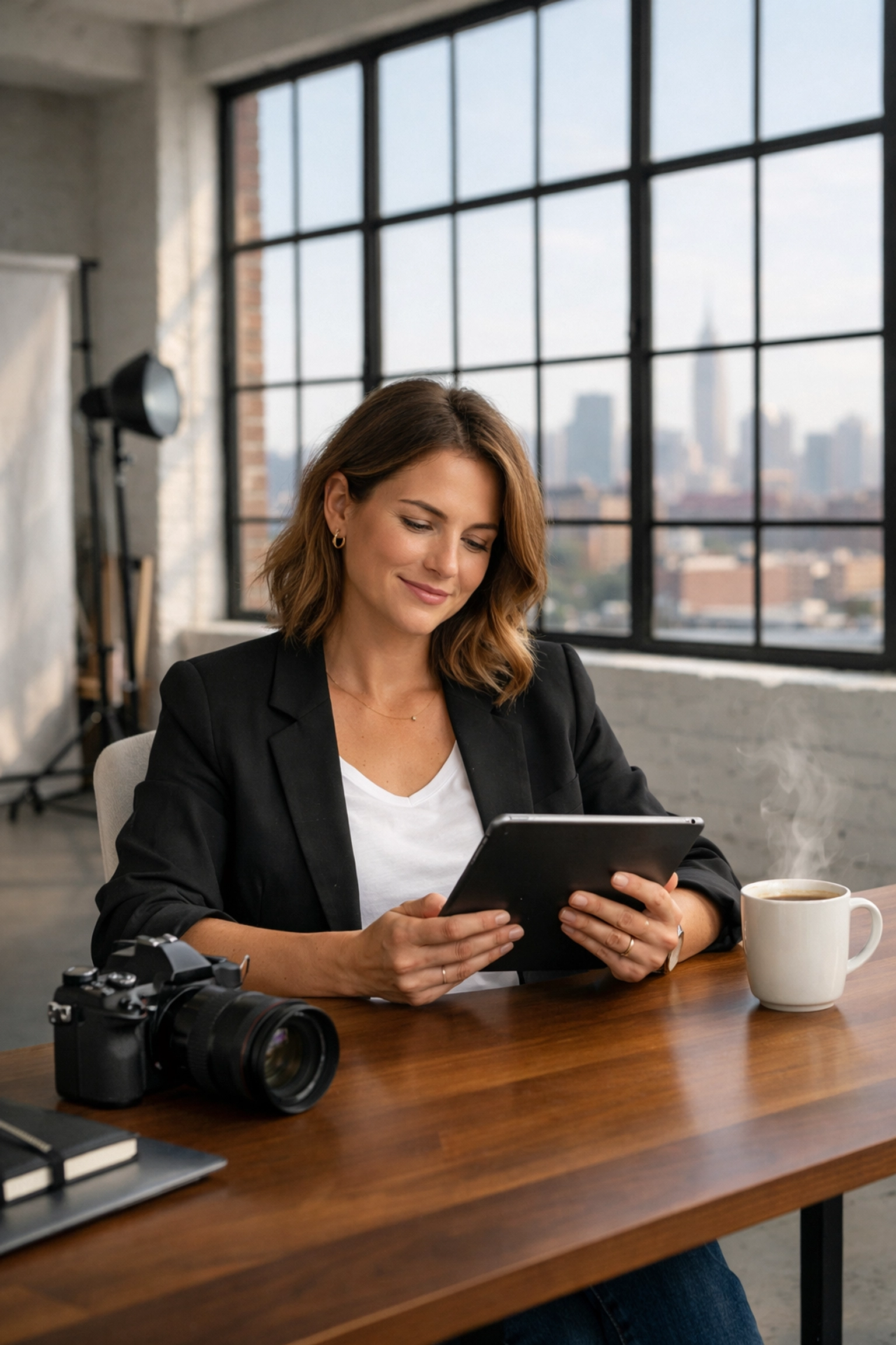 Professional photographer in a Brooklyn studio managing her workflow and booking experience.