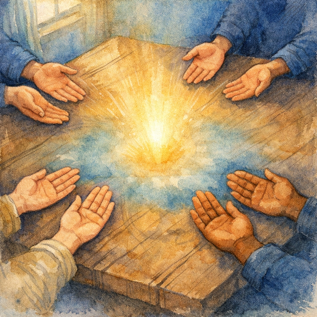 Hands gathered around table with light symbolizing collaborative leadership and shared wisdom