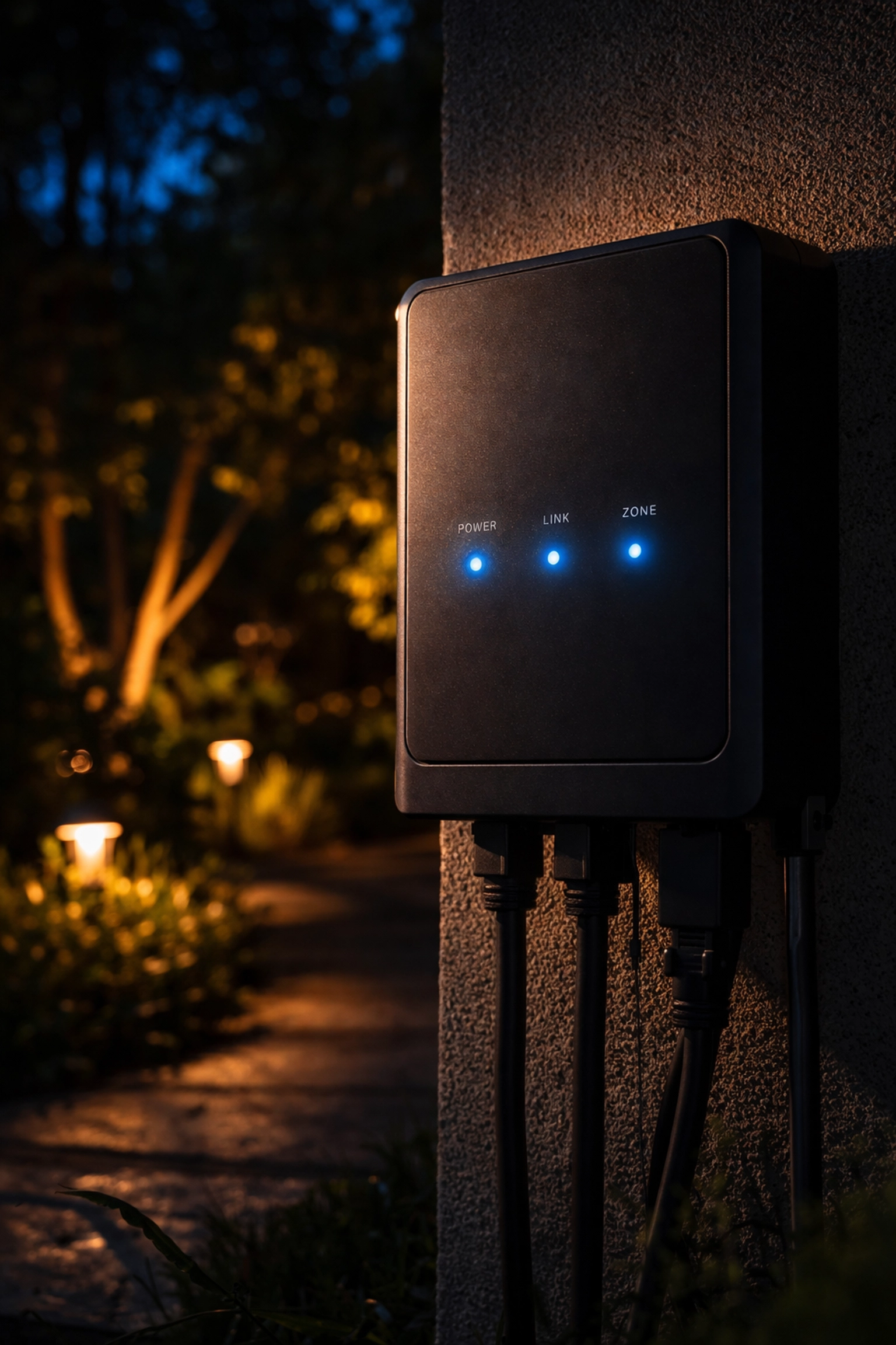 Close-up of a smart lighting control hub on an exterior wall with softly illuminated garden landscape lights