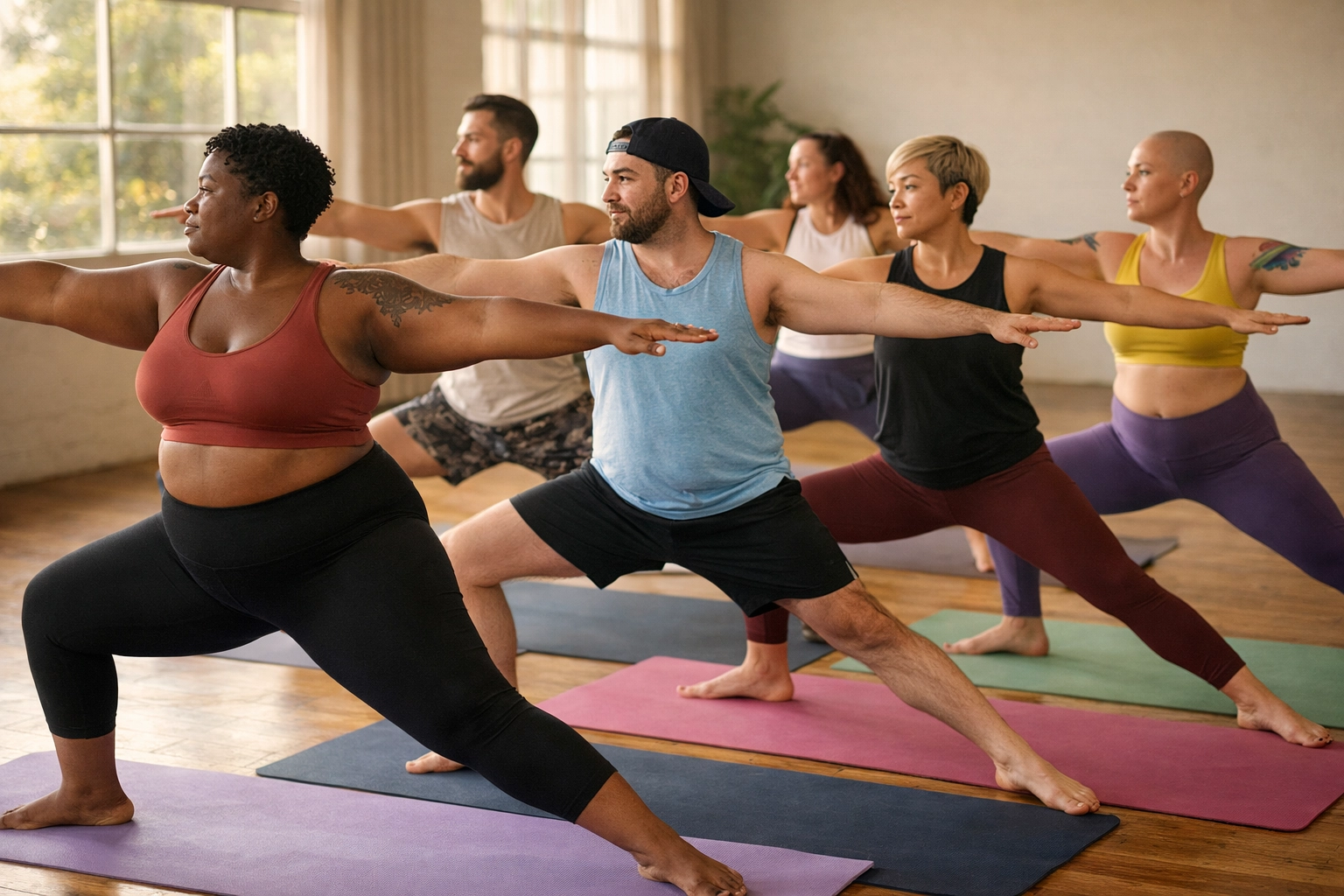 Diverse LGBTQ+ community practicing warrior pose together in affirming yoga studio