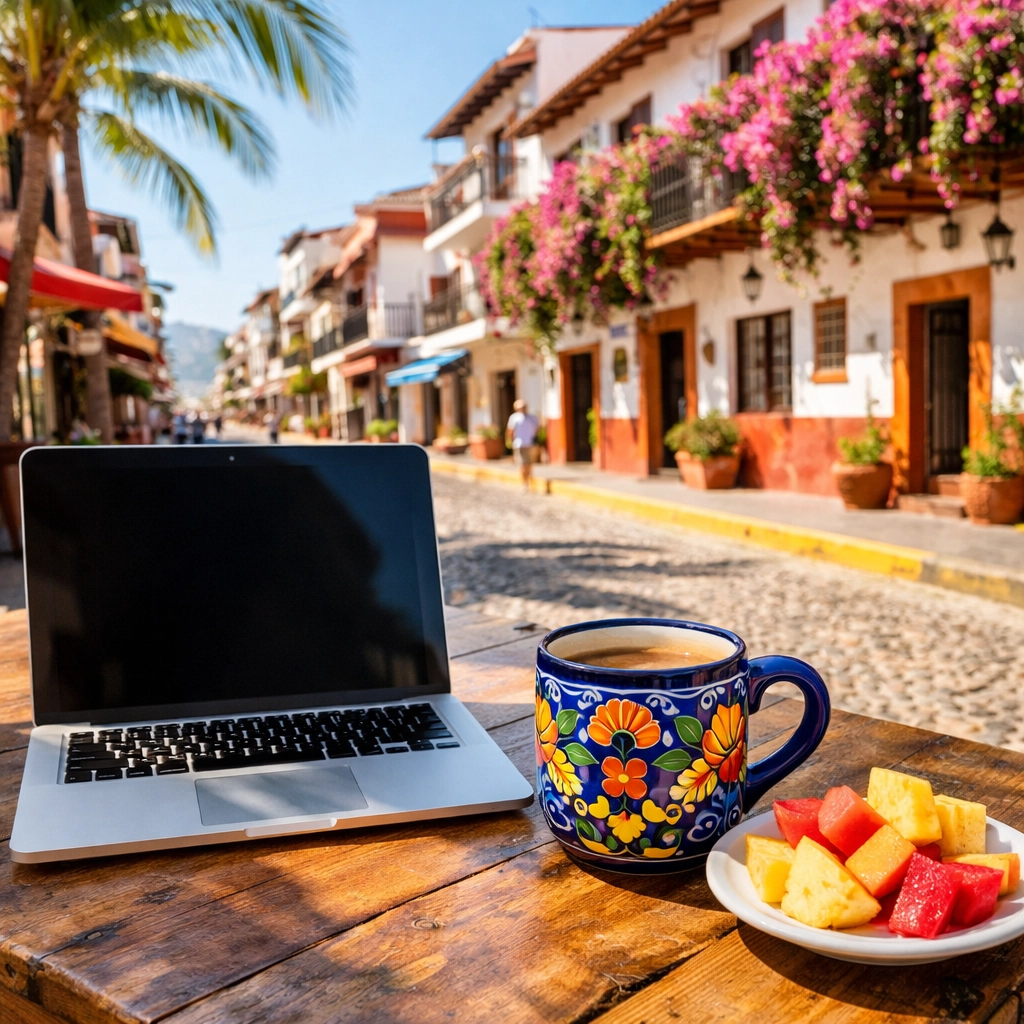 Remote work setup at a local cafe in Zona Romántica, perfect for those staying in a condo puerto vallarta rental.