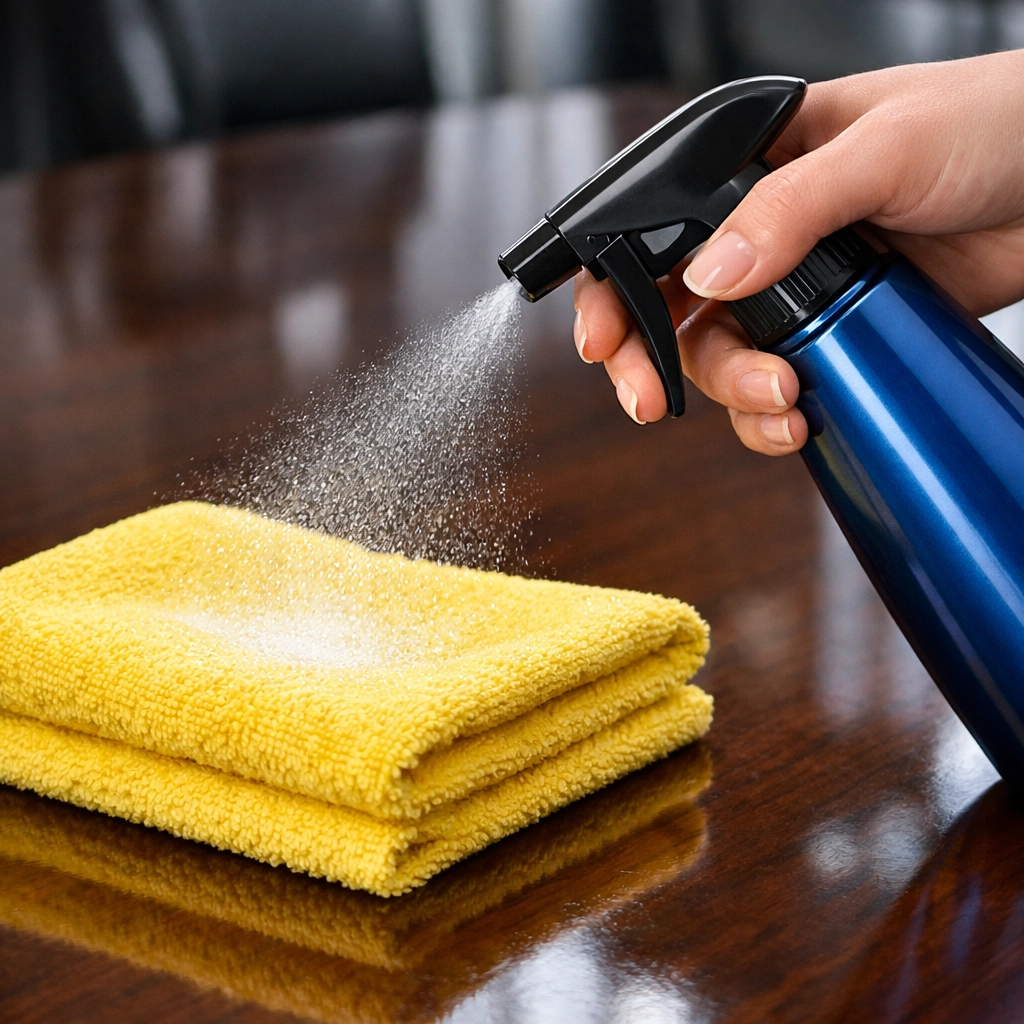 Spraying cleaning product onto a microfiber cloth to protect luxury furniture during Deep Cleaning in Shrewsbury.