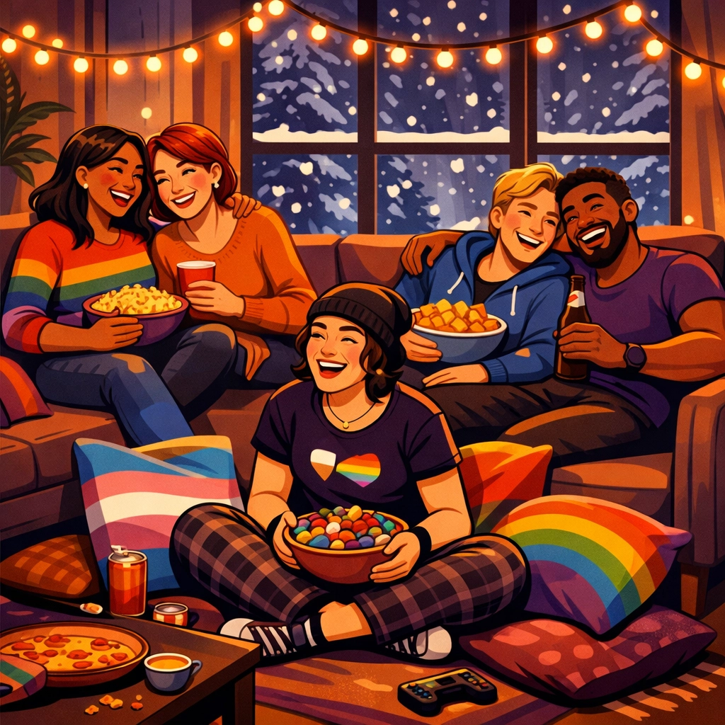 LGBTQ+ friends gathered for winter movie marathon in cozy living room