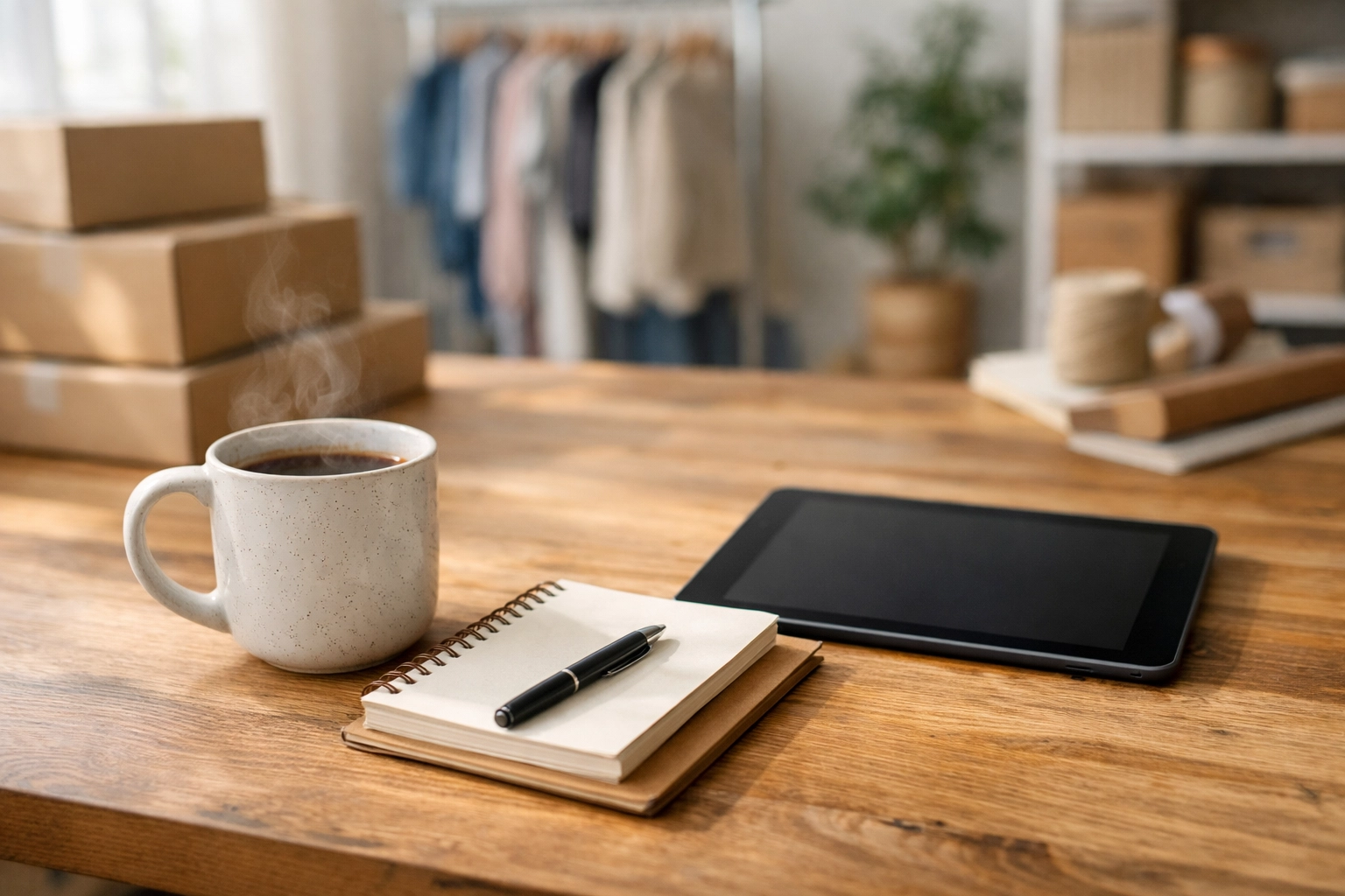 An organized desk with a coffee mug and tablet, representing financial peace of mind and business control.