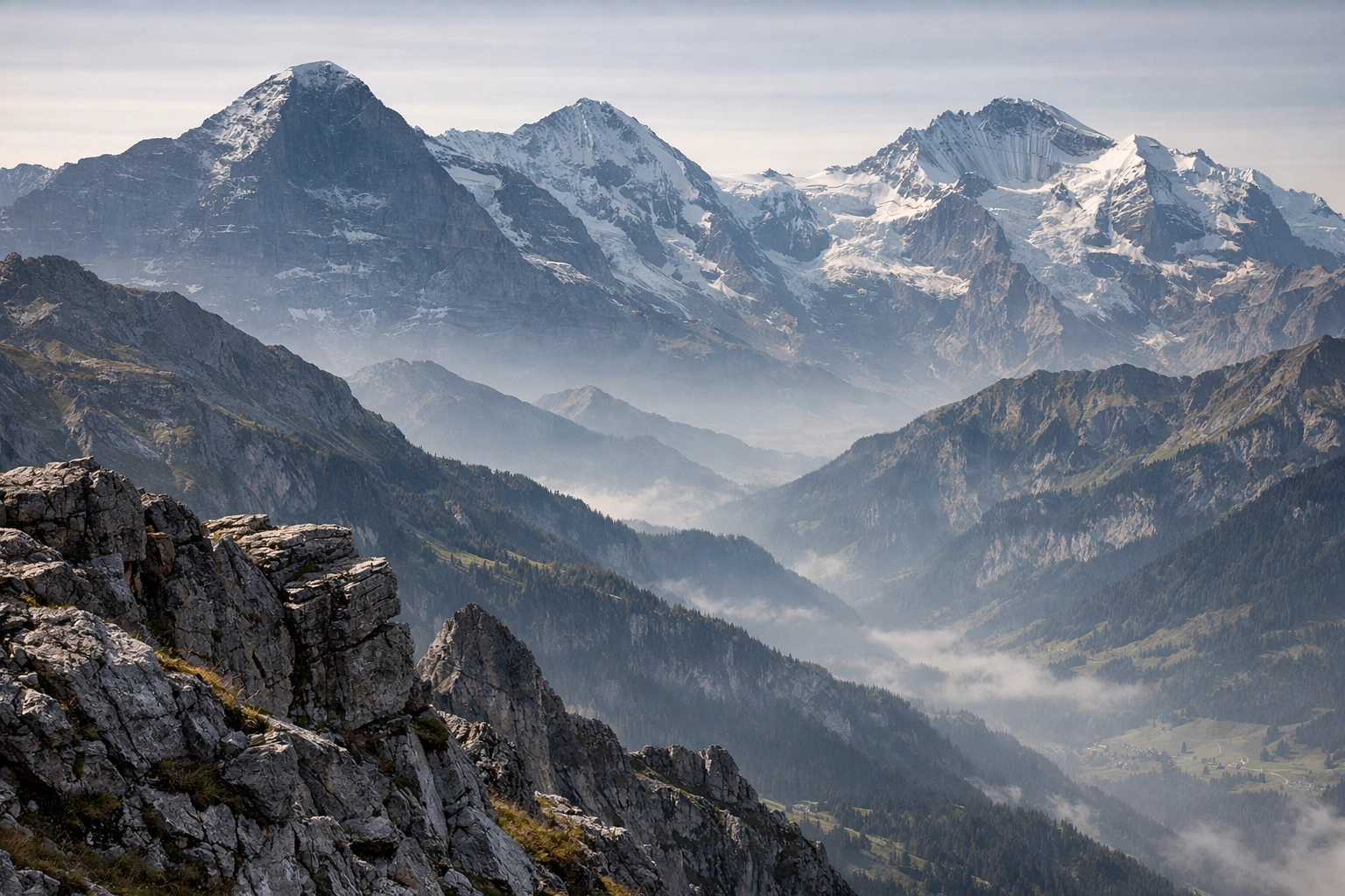 Fine art landscape of the Swiss Alps showing misty depth-aware lighting in the mountain peaks.