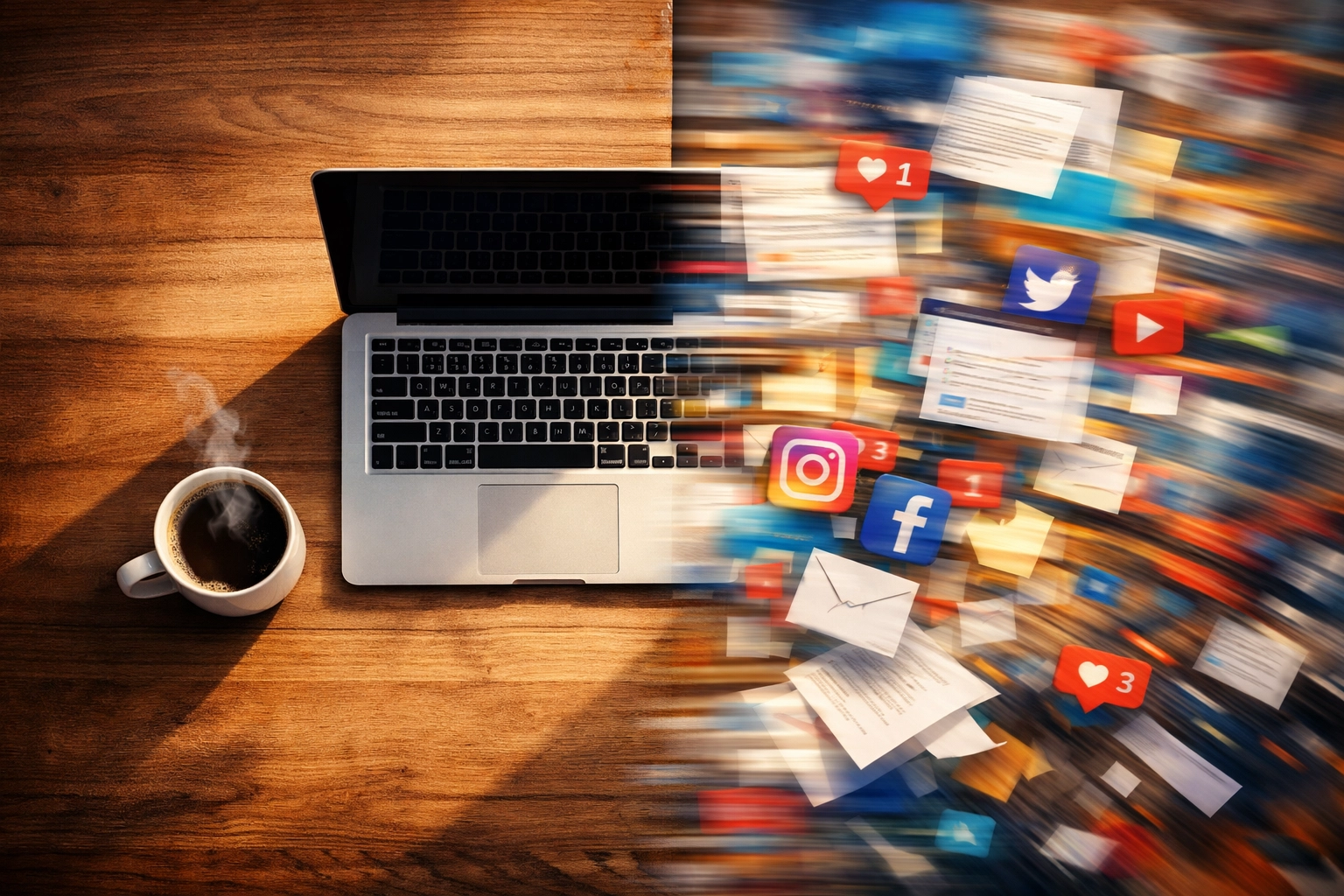 A desk view comparing deep focus with digital multitasking chaos to help blogging for beginners stay productive.