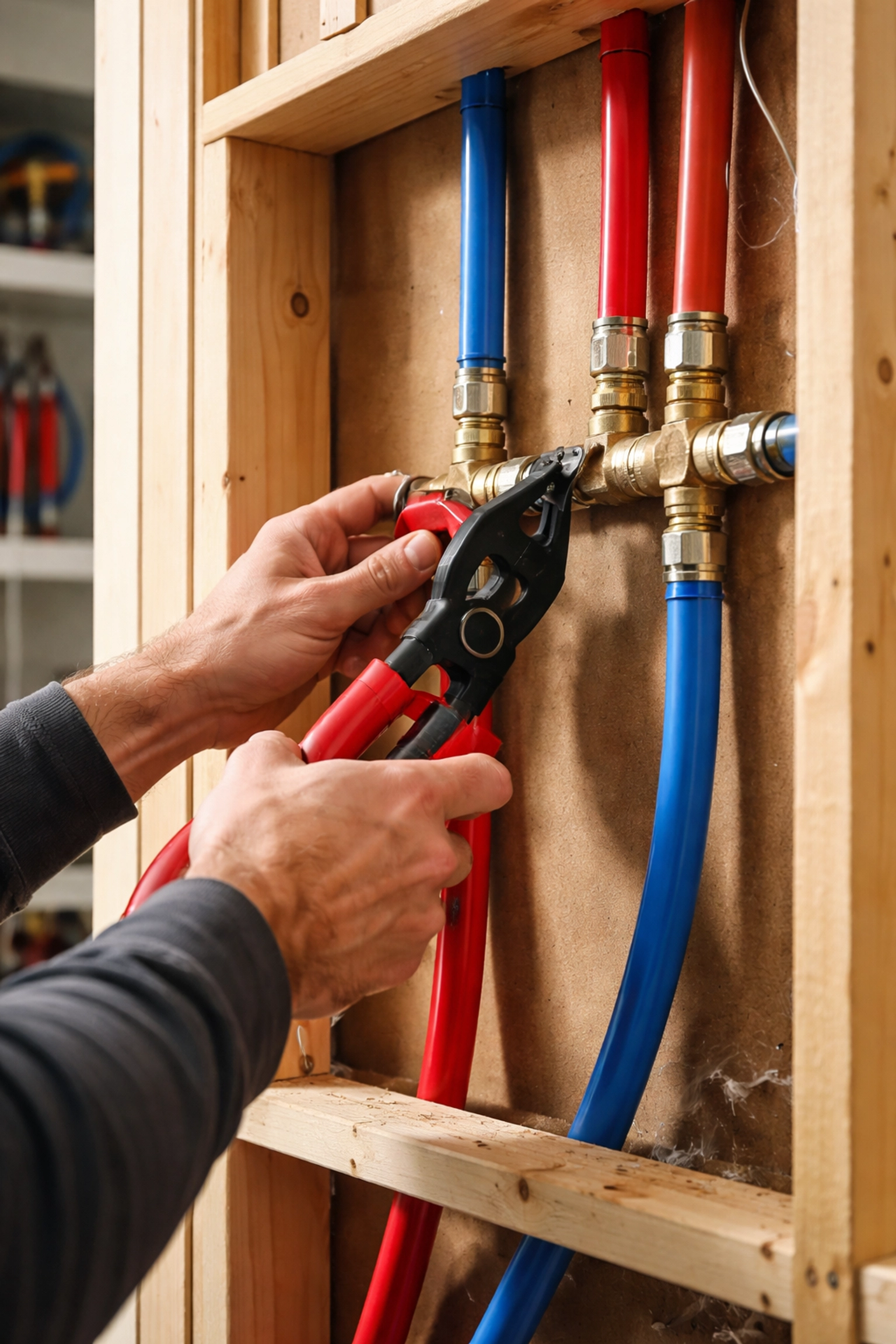 Certified plumber installing new PEX piping to replace polybutylene pipes in a Calgary home renovation.