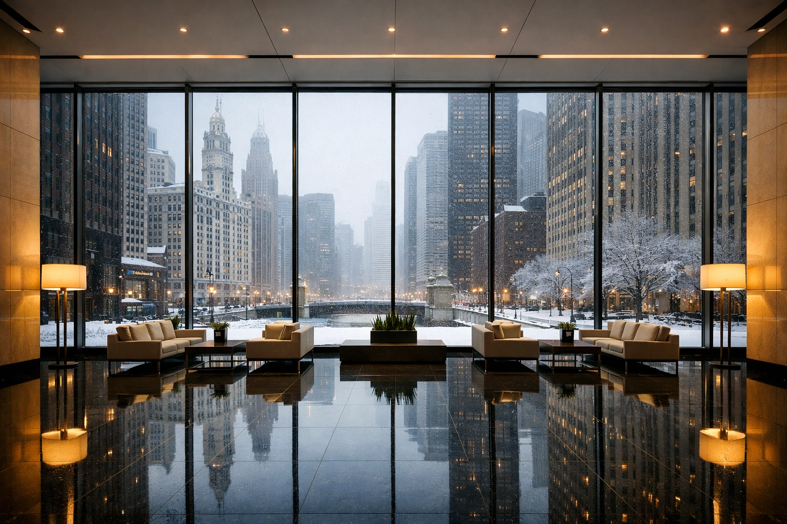 Clean Chicago building lobby with polished floors during winter, showing professional property maintenance.