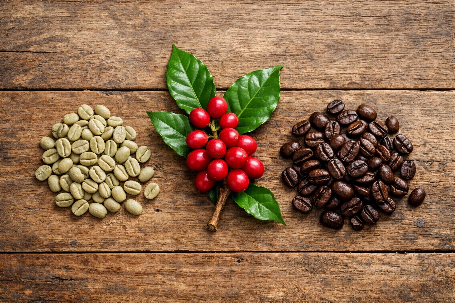 Artisanal display of coffee cherries, unroasted green beans, and freshly roasted coffee from a supplier.
