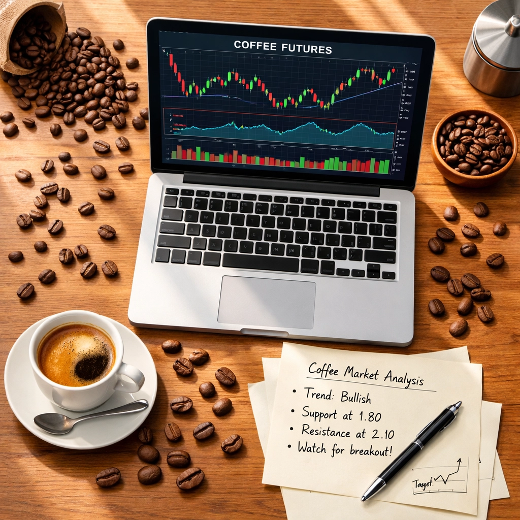 Coffee price charts and market data showing rising futures costs for roasters