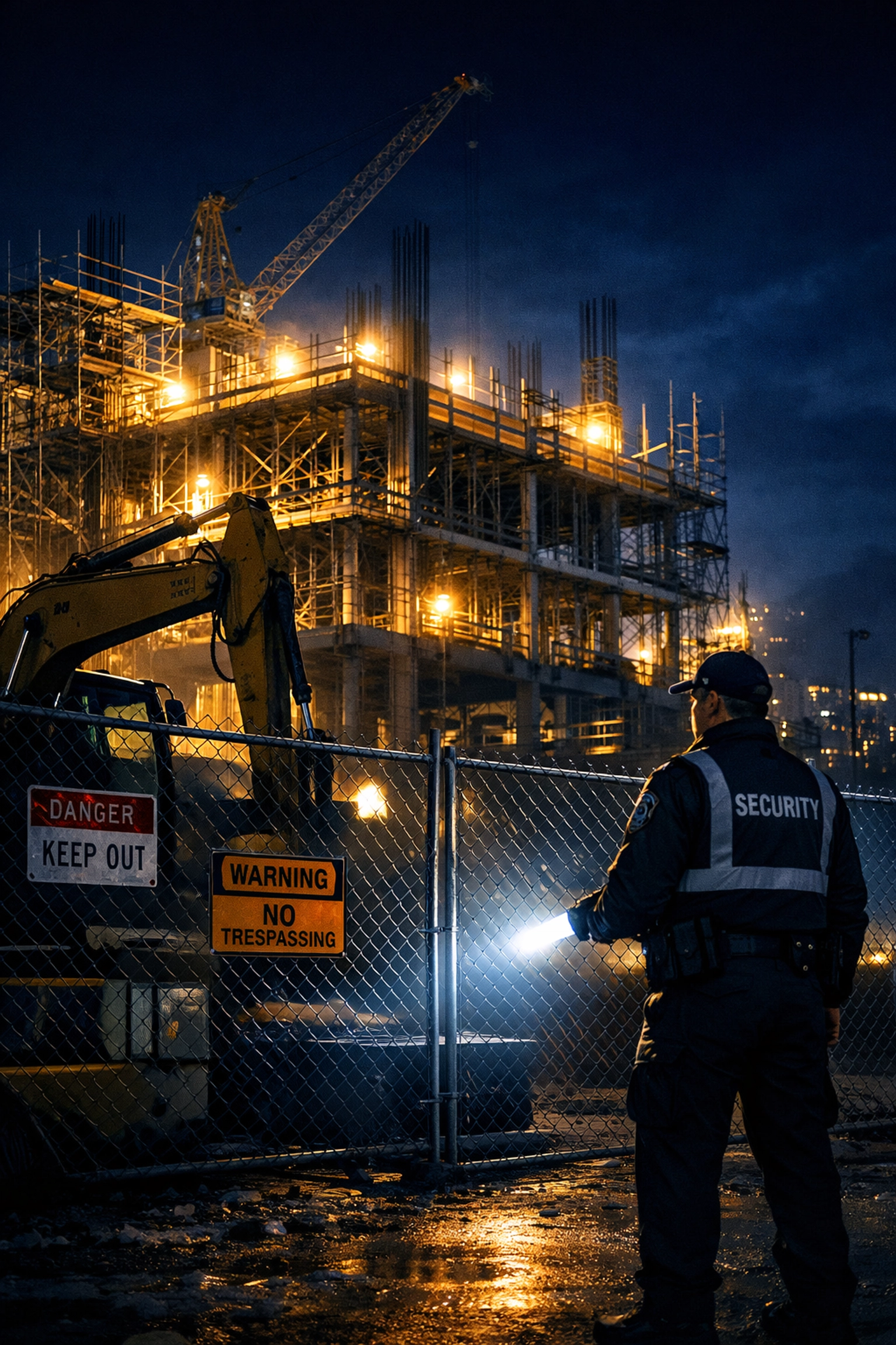 Nighttime construction site security guard preventing theft and vandalism