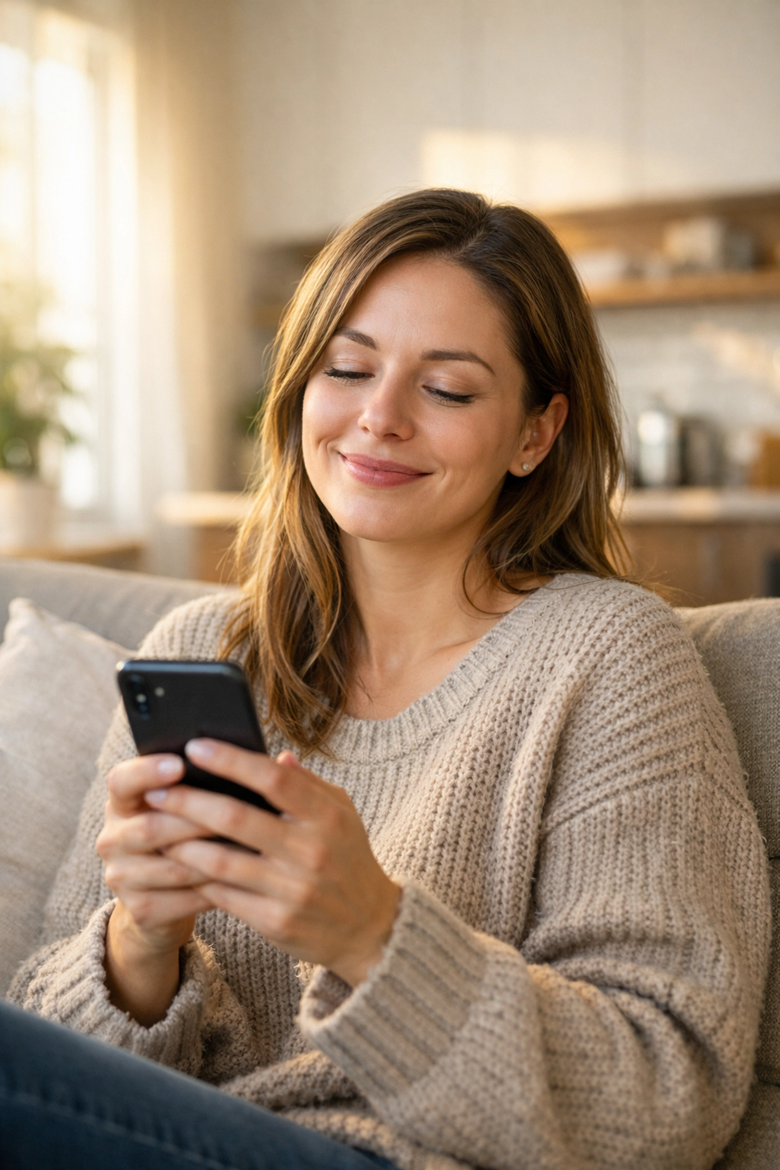 Relieved woman using a smartphone to access an instant payday loan in Canada from her living room.