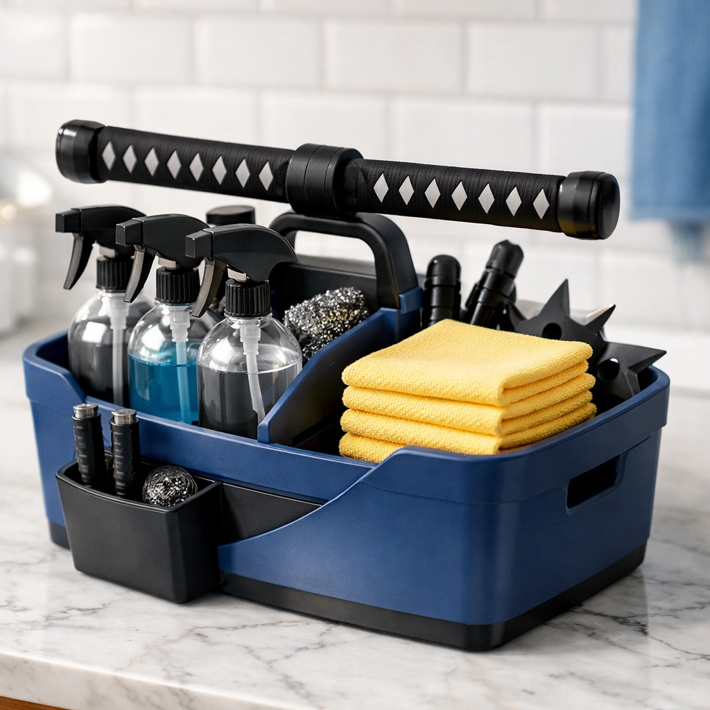 Organized cleaning caddy with microfiber cloths for maintenance House Cleaning Shirley MA.