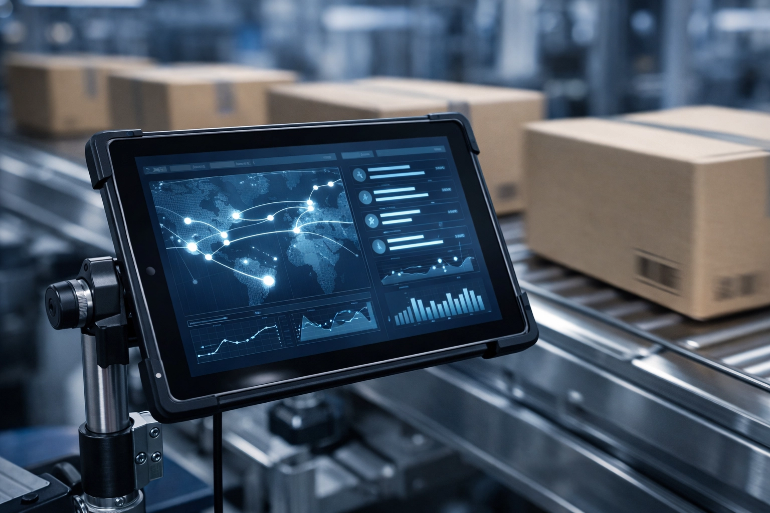 Automated ecommerce fulfillment solutions interface on a tablet at a high-speed packing and shipping station.