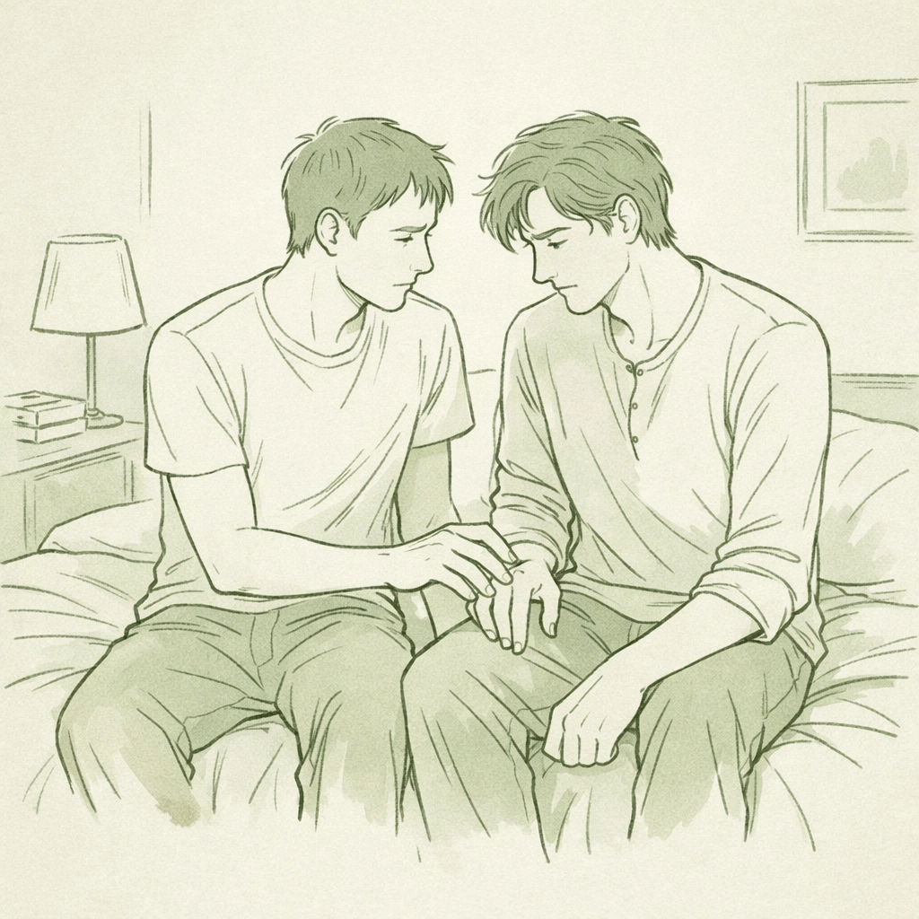 Two men learning first-time intimacy in MM romance, vulnerable moment on bed edge