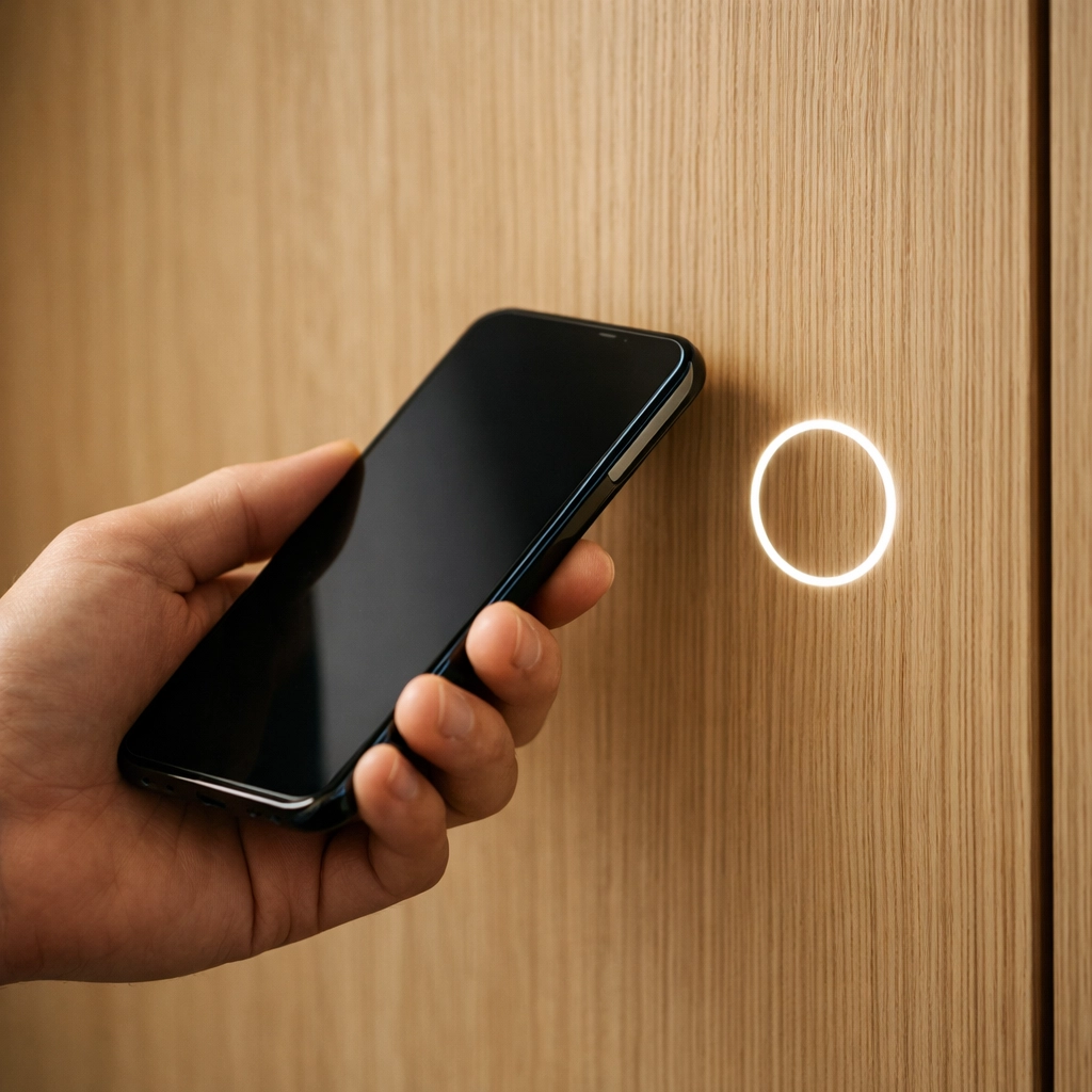 Guest using a digital key on a smartphone to unlock a smart hotel room door seamlessly.