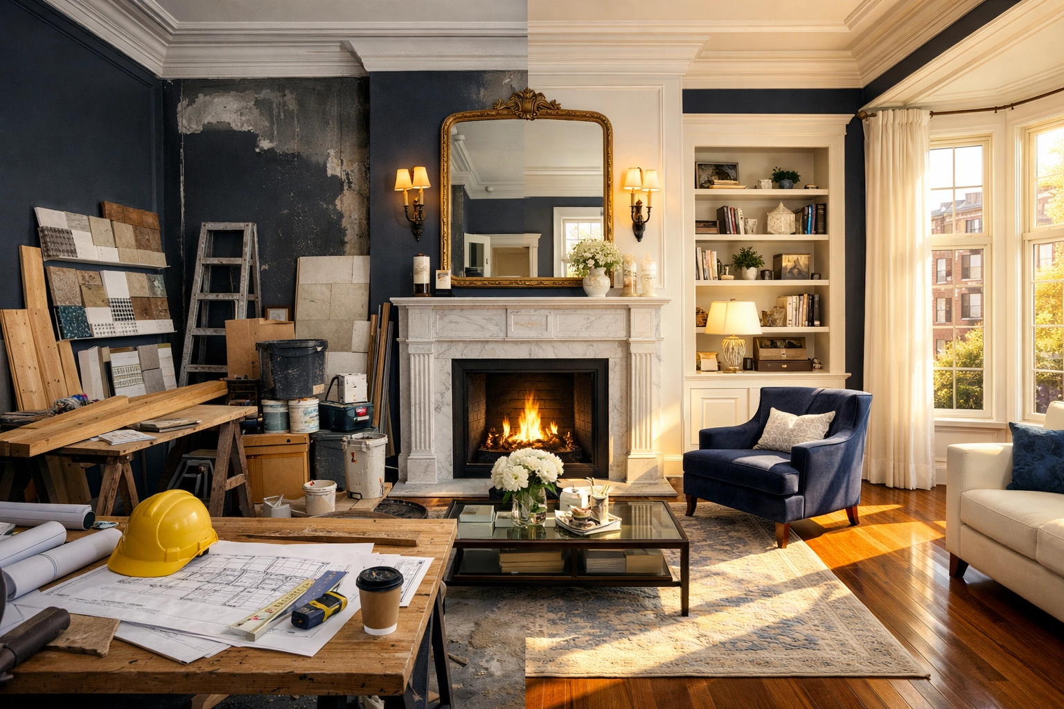 Luxury Boston brownstone living room showcasing a successful post-construction cleaning MA transformation.