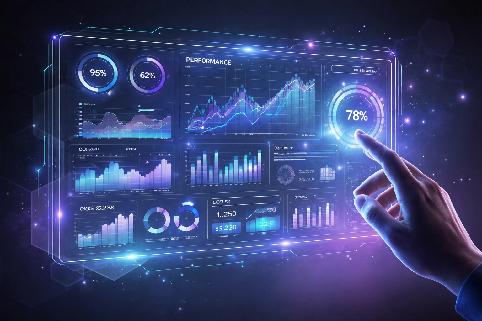 Holographic dashboard with analytics and scaling metrics, illustrating intelligent cloud performance monitoring and optimization.