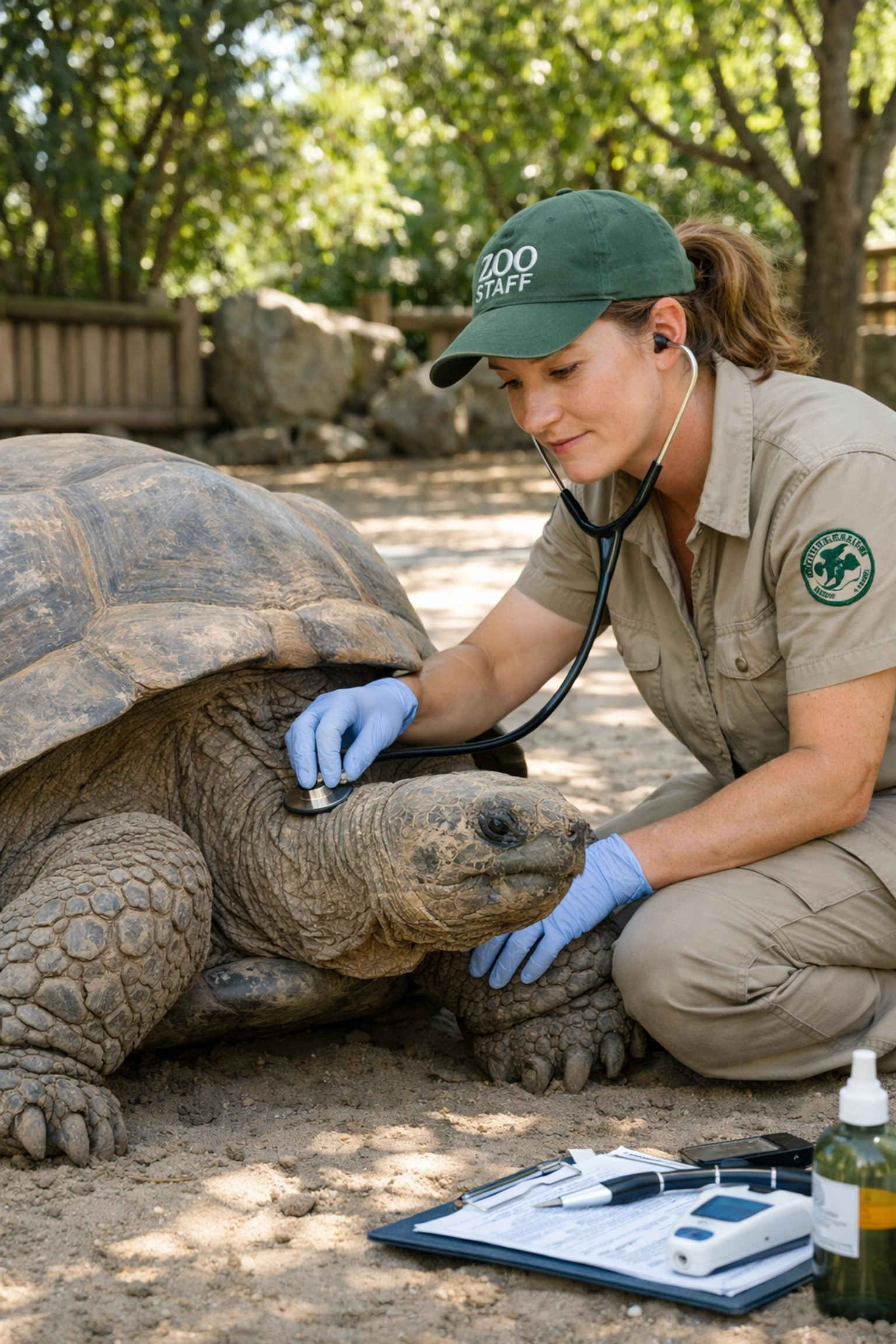 A zoo veterinarian performing a routine health check on a giant tortoise to demonstrate animal welfare transparency.