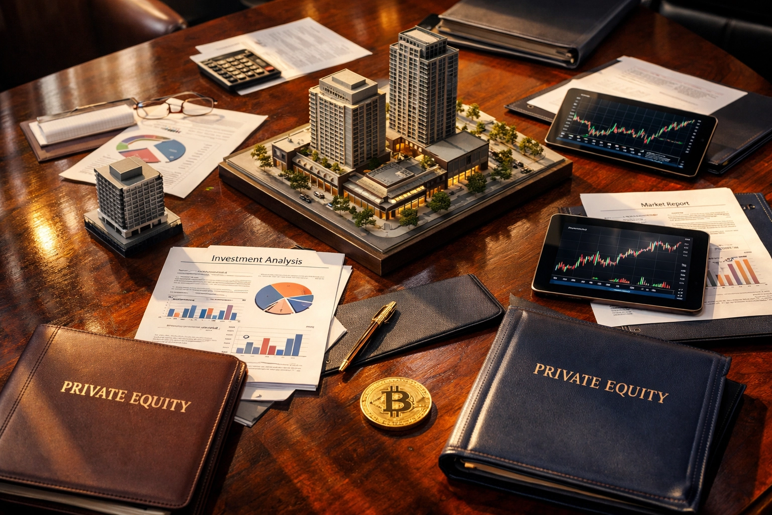 Alternative investment assets including private equity, real estate, and cryptocurrency