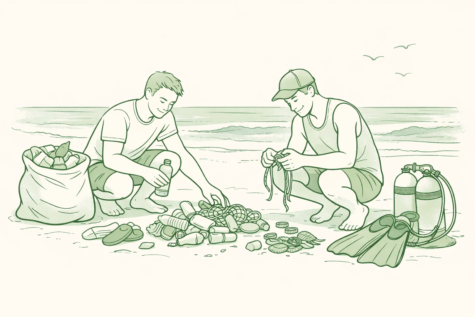 LGBTQ+ volunteers organizing collected marine debris during beach cleanup for ocean protection