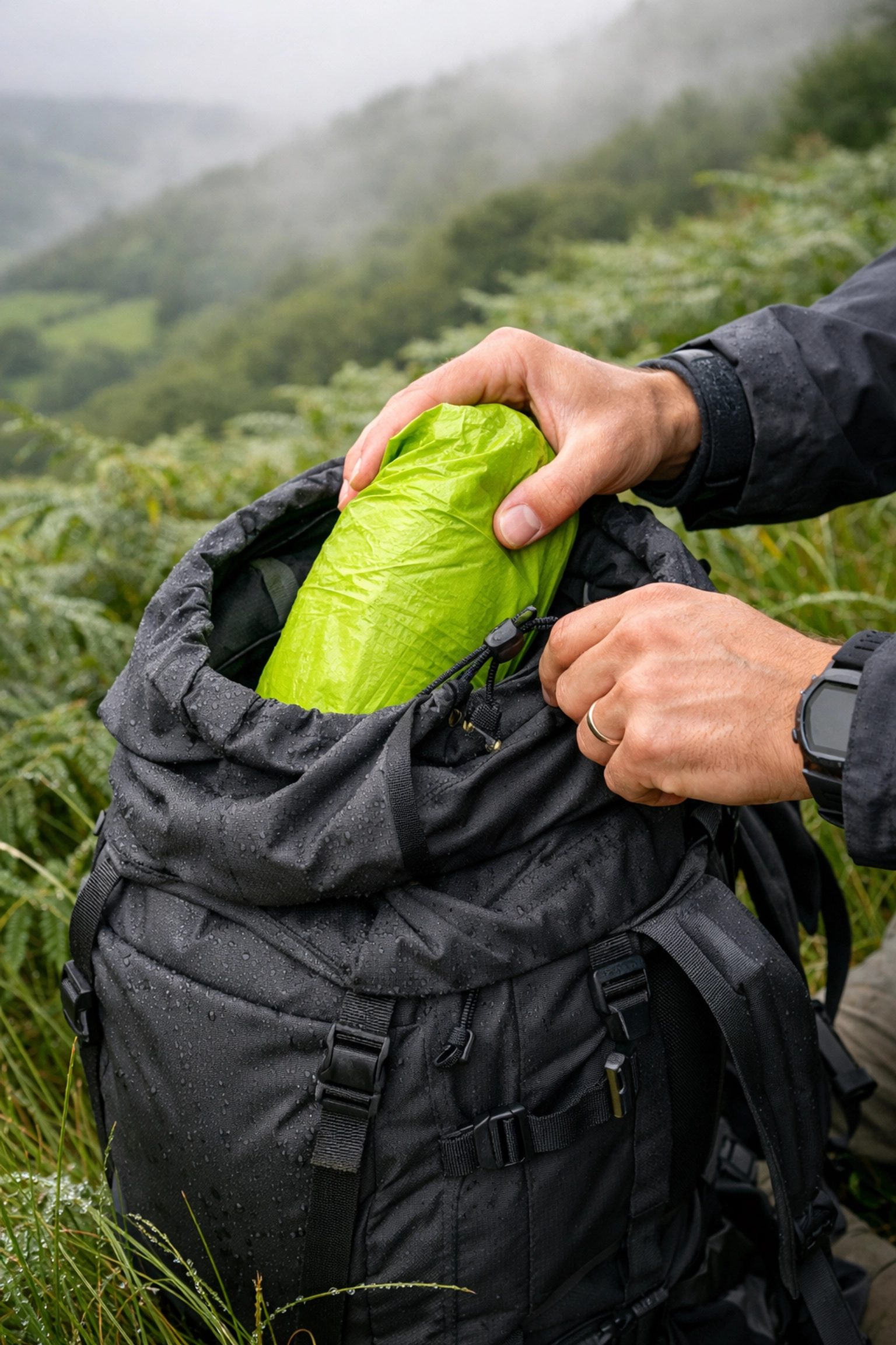Hiker reaching for a green tent at the top of a backpack during a wild camping guided UK trip.