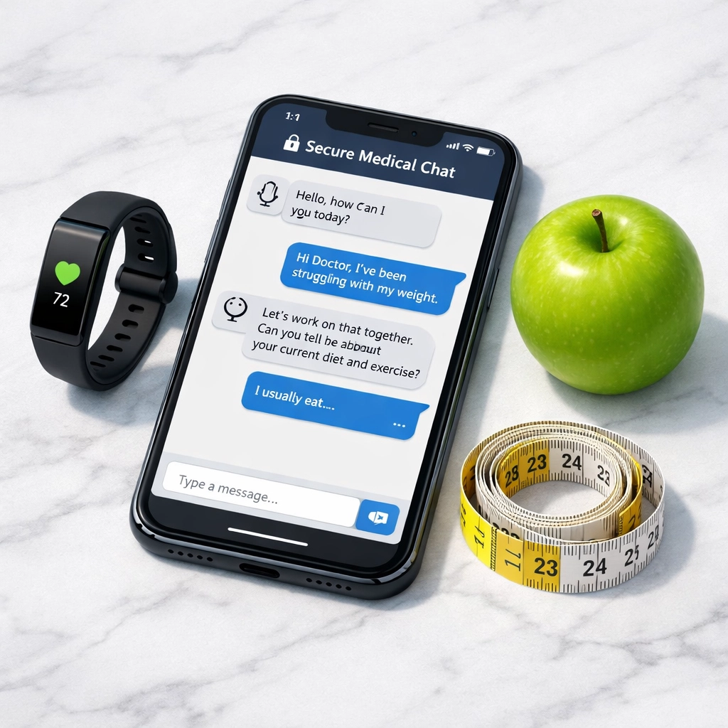 Secure medical chat on a smartphone for an online weight loss consultation with health tracking tools.