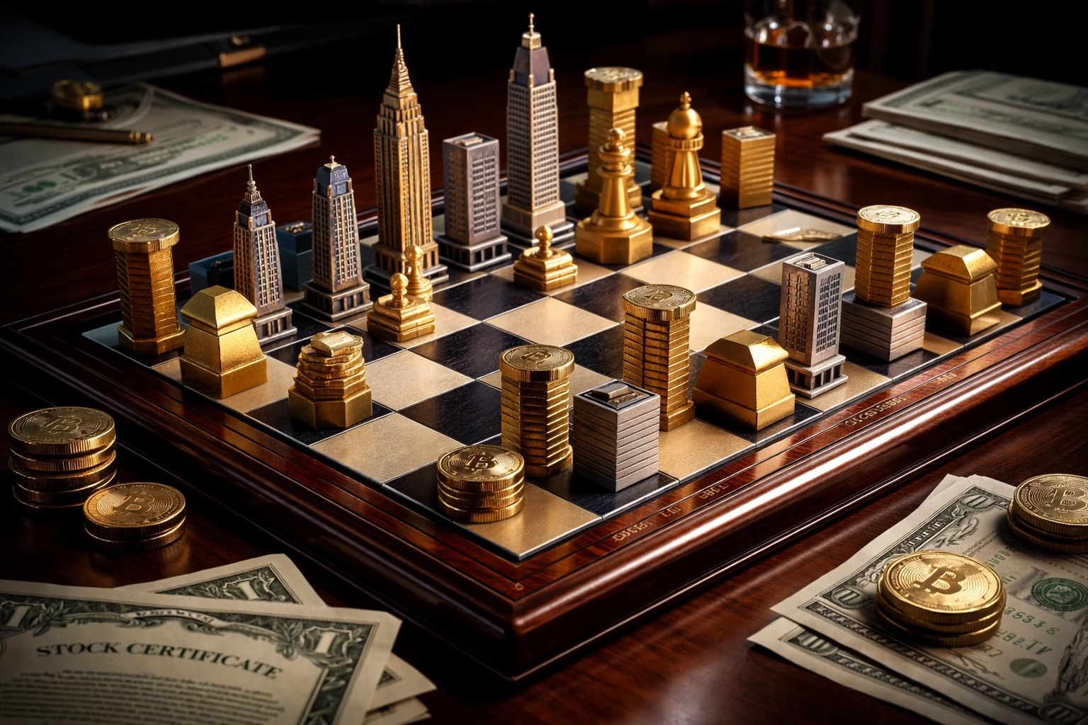 Strategic chess board representing private equity portfolio diversification across multiple asset classes