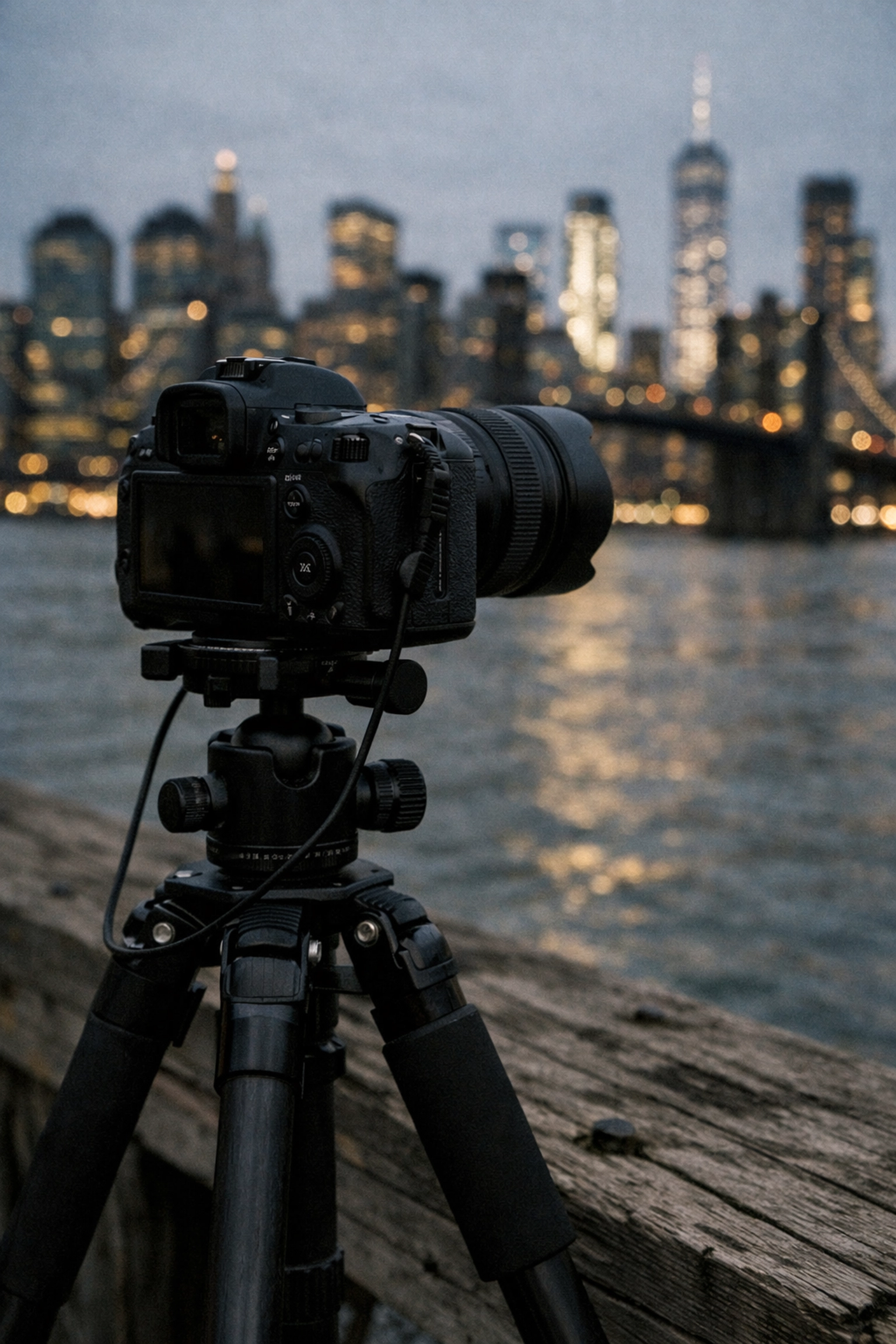 Camera on a tripod for night photography with the NYC skyline in the background at twilight.