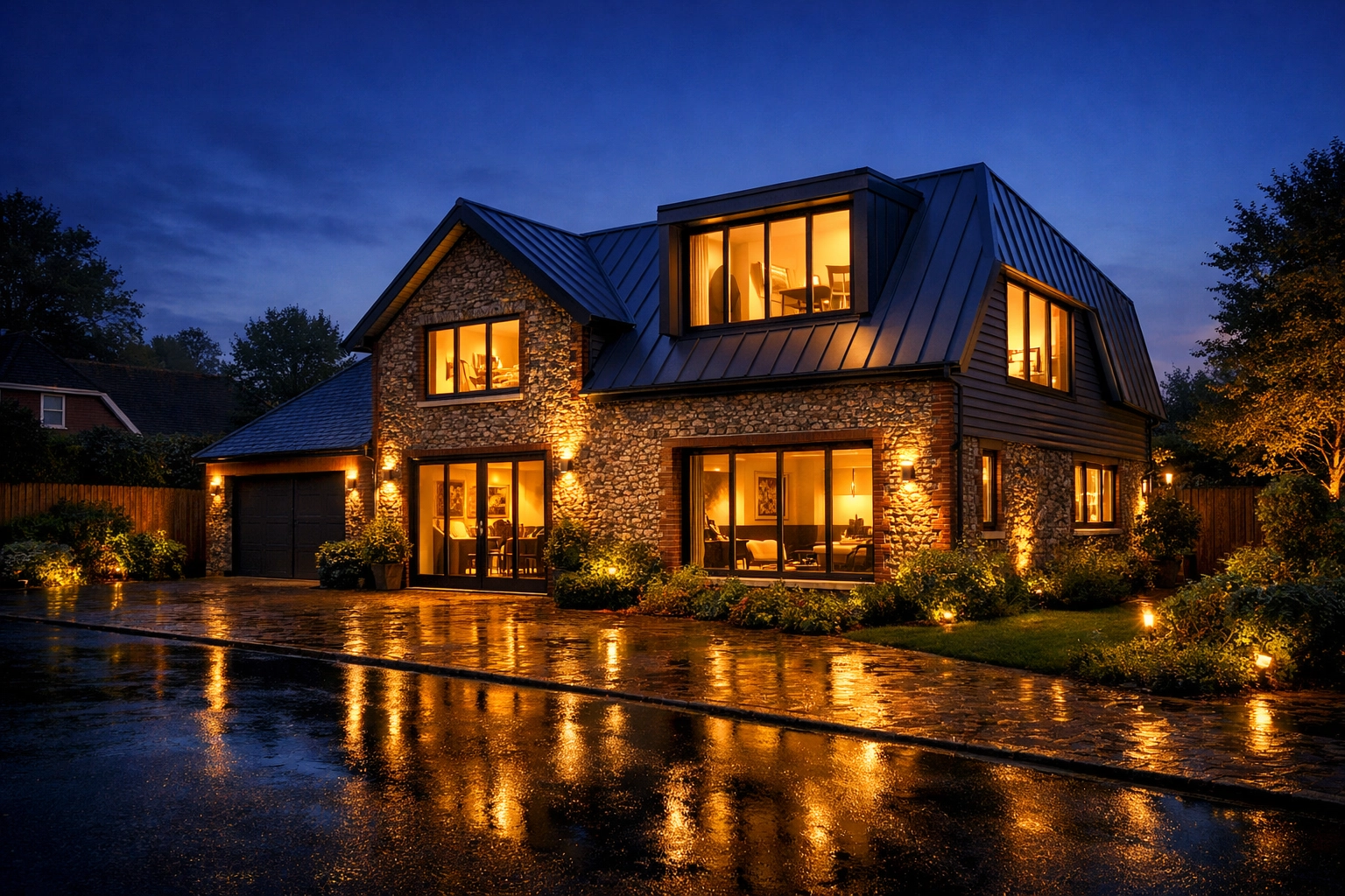Exterior of a completed bungalow to two-storey conversion in Chichester at twilight.