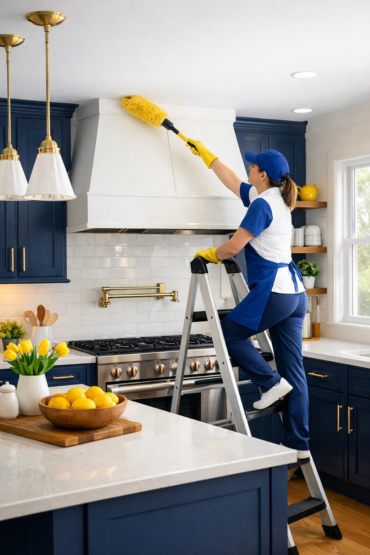 Professional cleaner removing dust from a high-end kitchen during post-construction cleaning in Marlborough.