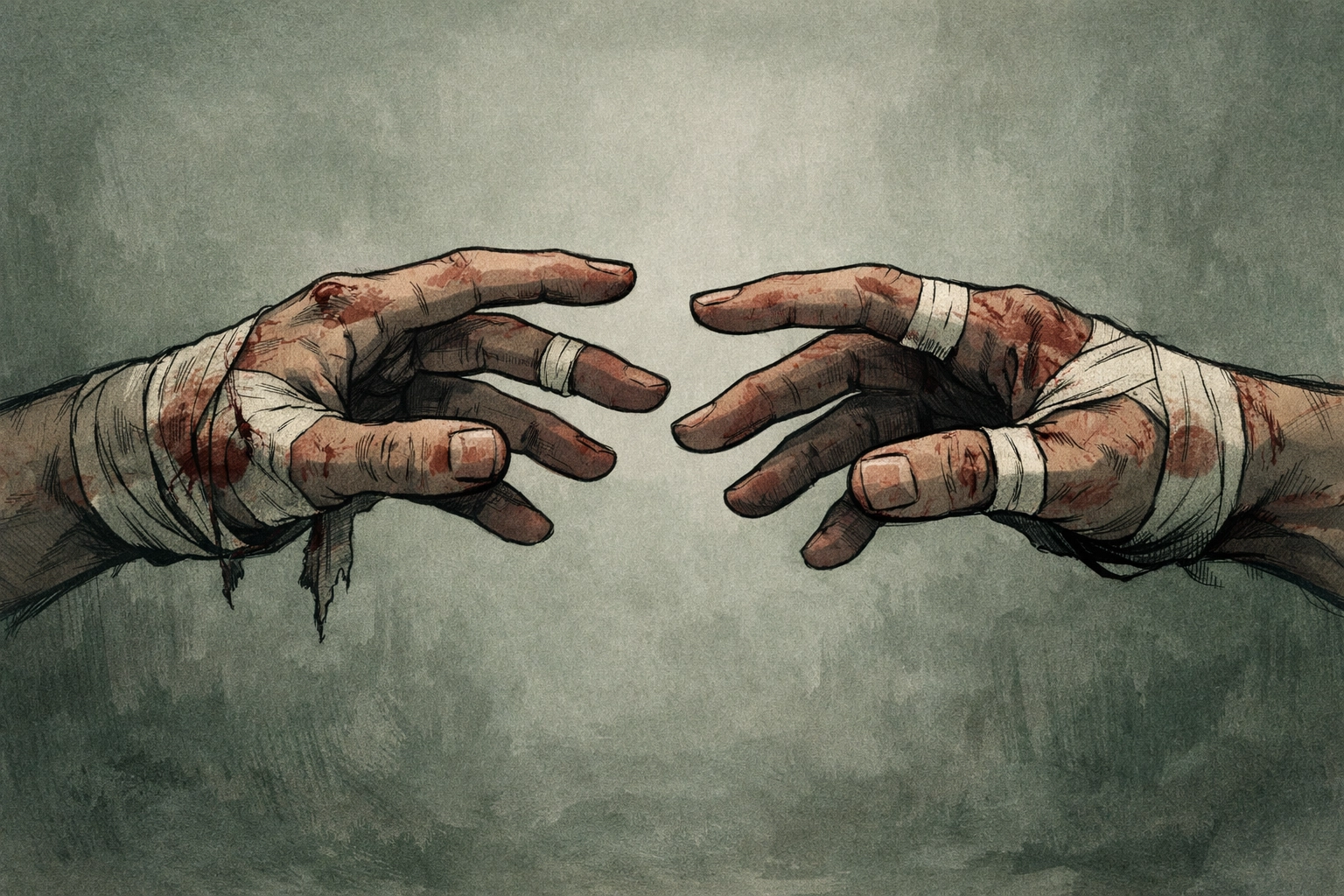 Broken injured hands reaching for each other - gay romance consequence and loss illustration