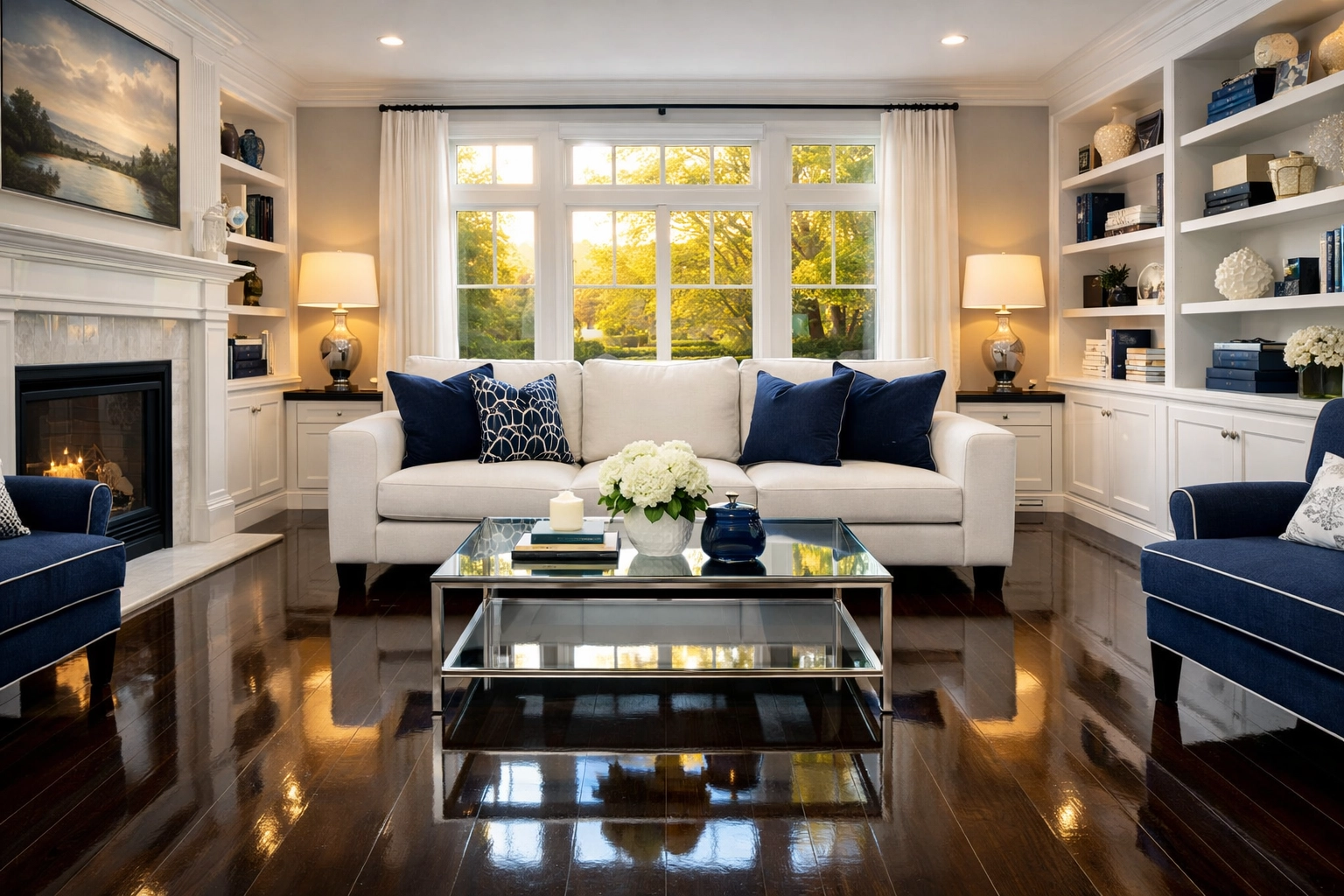 Immaculate living room with polished floors after a professional deep cleaning service in Natick, MA.