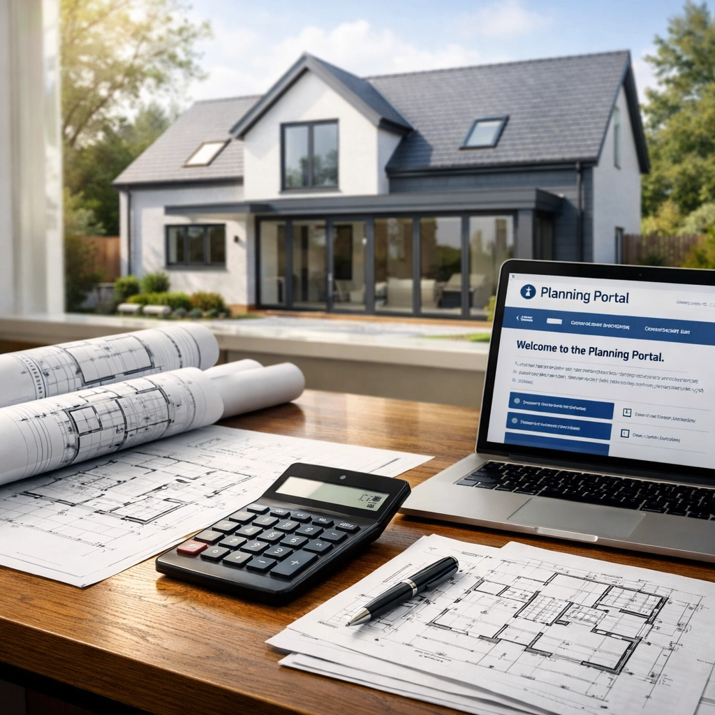 Planning application documents and calculator on desk with architectural drawings and UK home plans