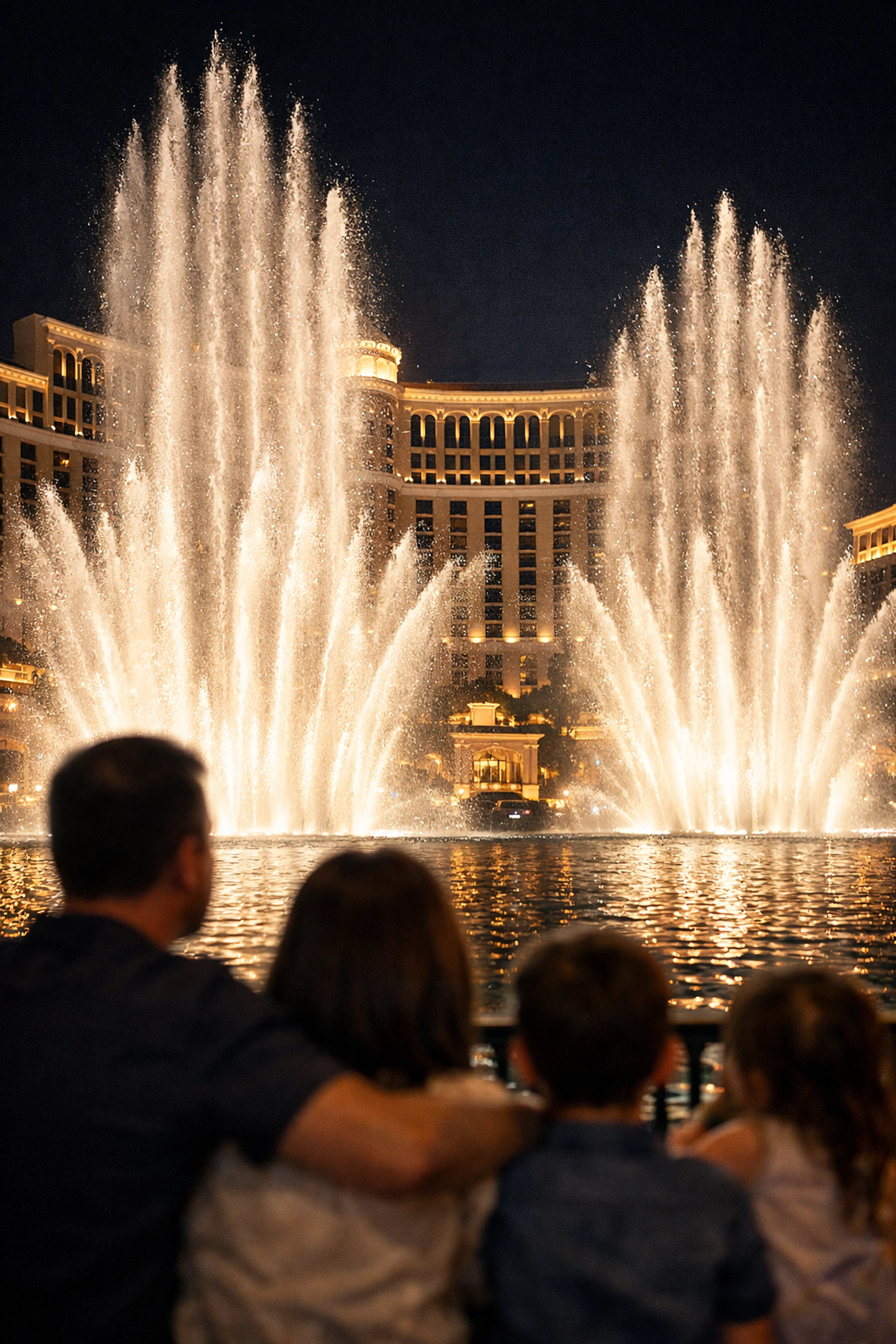 Family watching a grand night fountain show with city lights reflecting in the water.