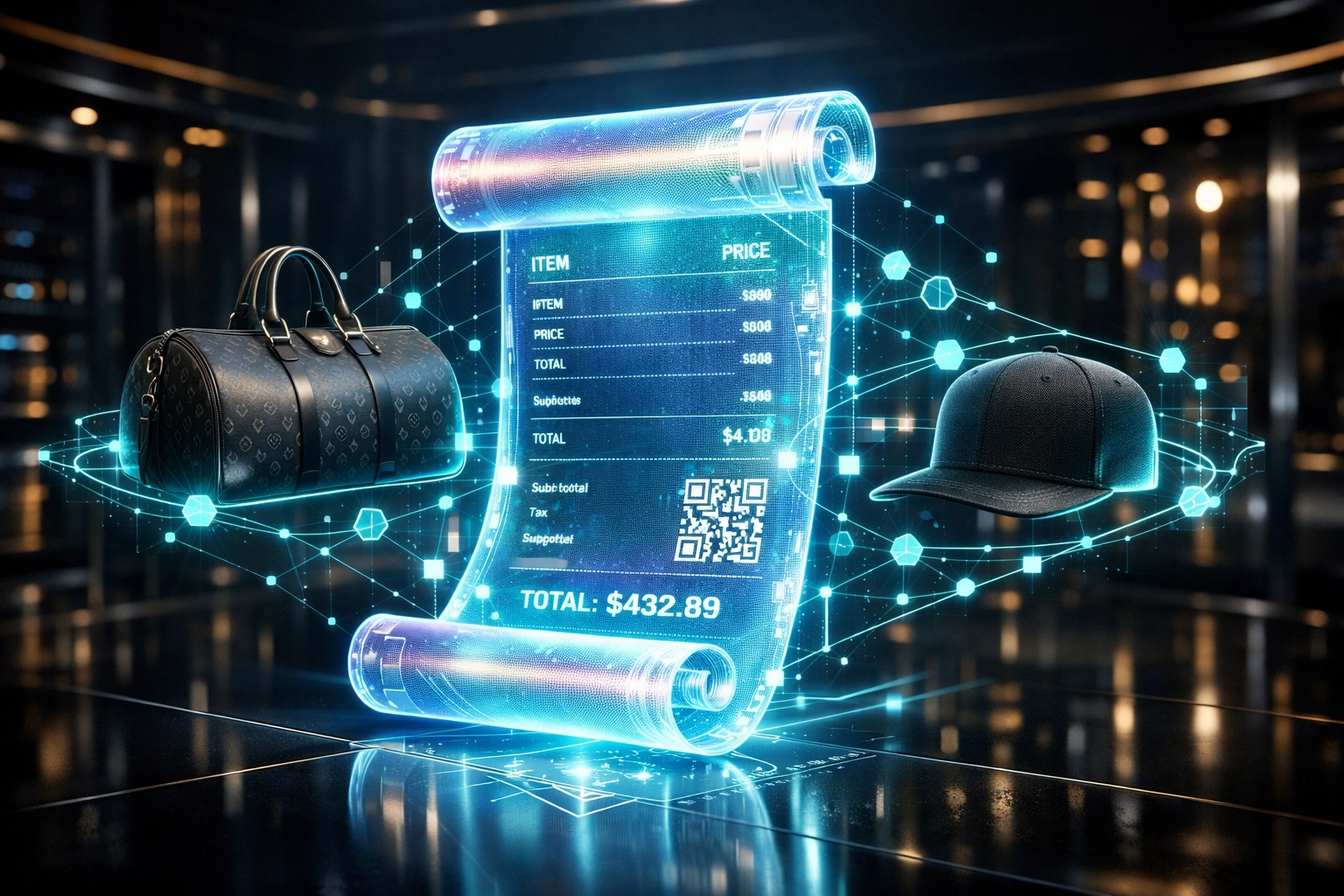 Holographic digital receipt and 3D assets showcasing Larecoin's secure Web3 blockchain verification system.