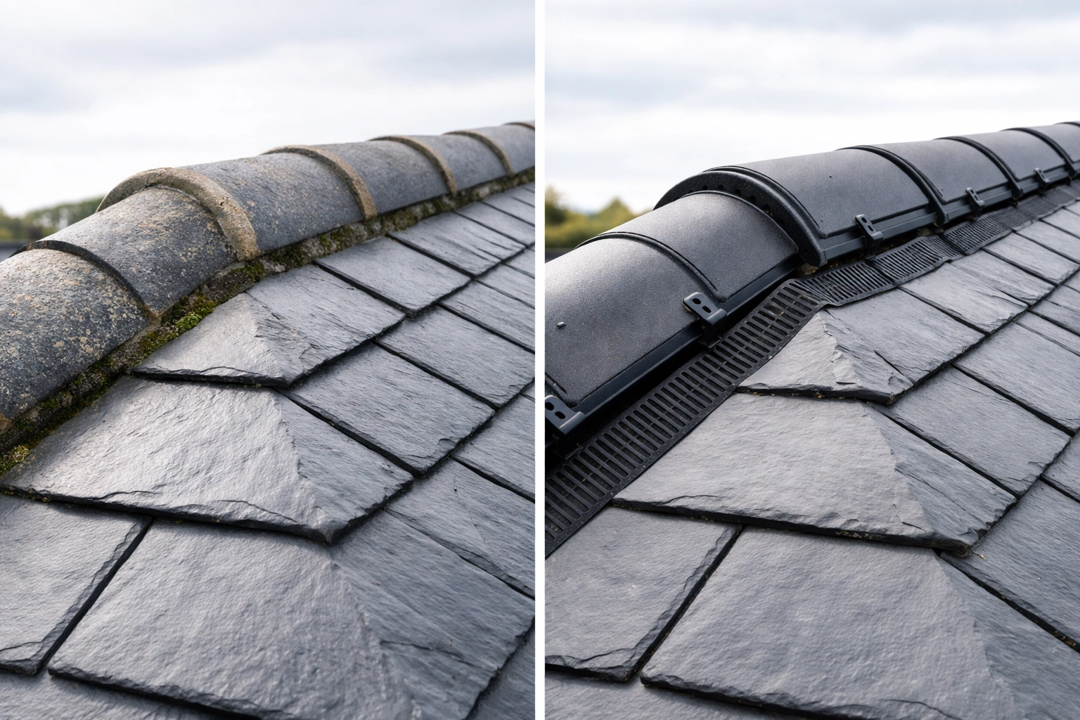 Close-up comparison of traditional mortar ridge and modern dry ridge roofing systems on Belfast home